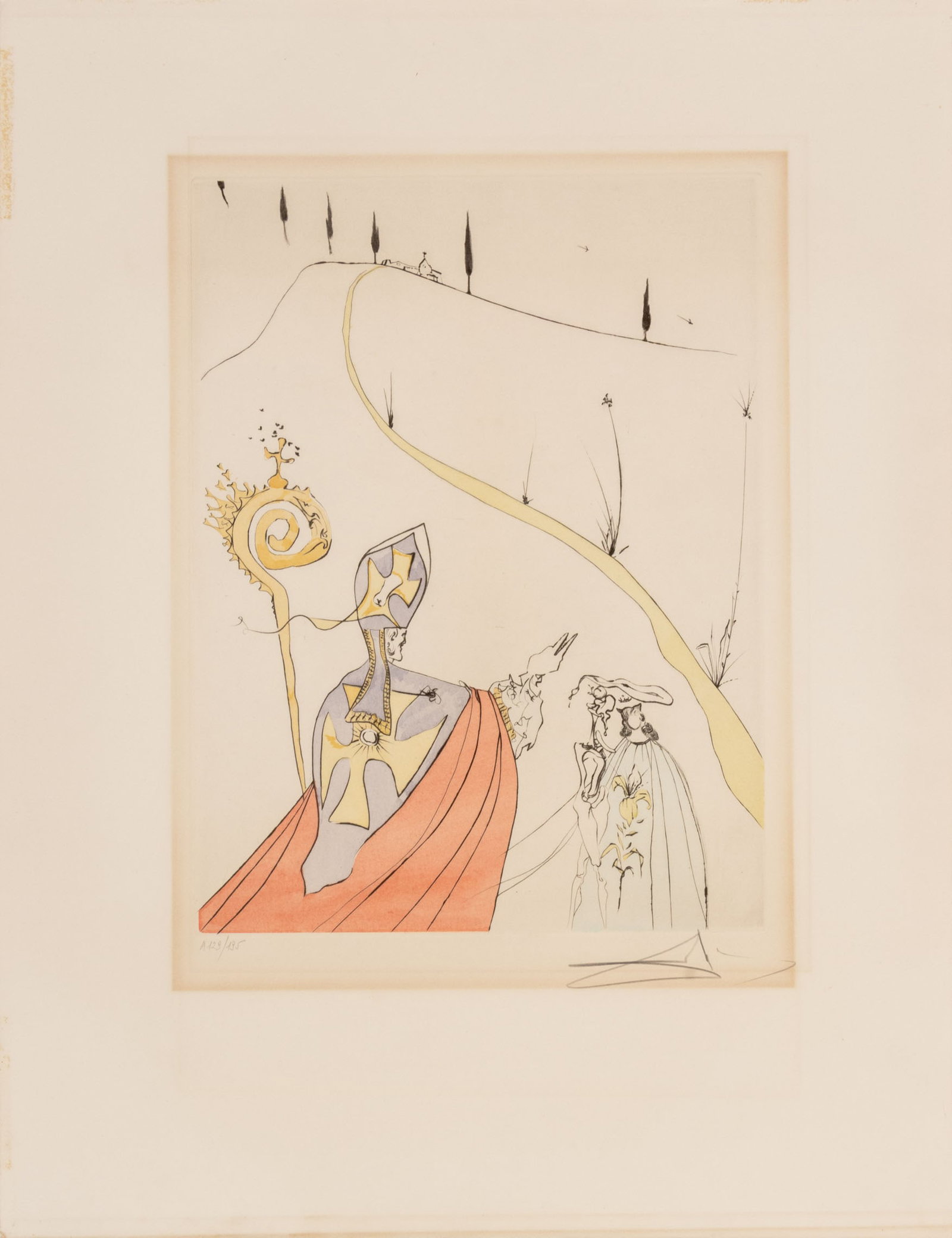 Salvador Dali "L'Amour Sacre ..." Etching, 1974: Salvador Dali (Spanish, 1904-1989), "L'Amour Sacre de Gala" [The Sacred Love of Gala], Drypoint and Etching with Pochoir, 1974, from After 50 Years of Surrealism, published Atelier Rigal, Paris, print