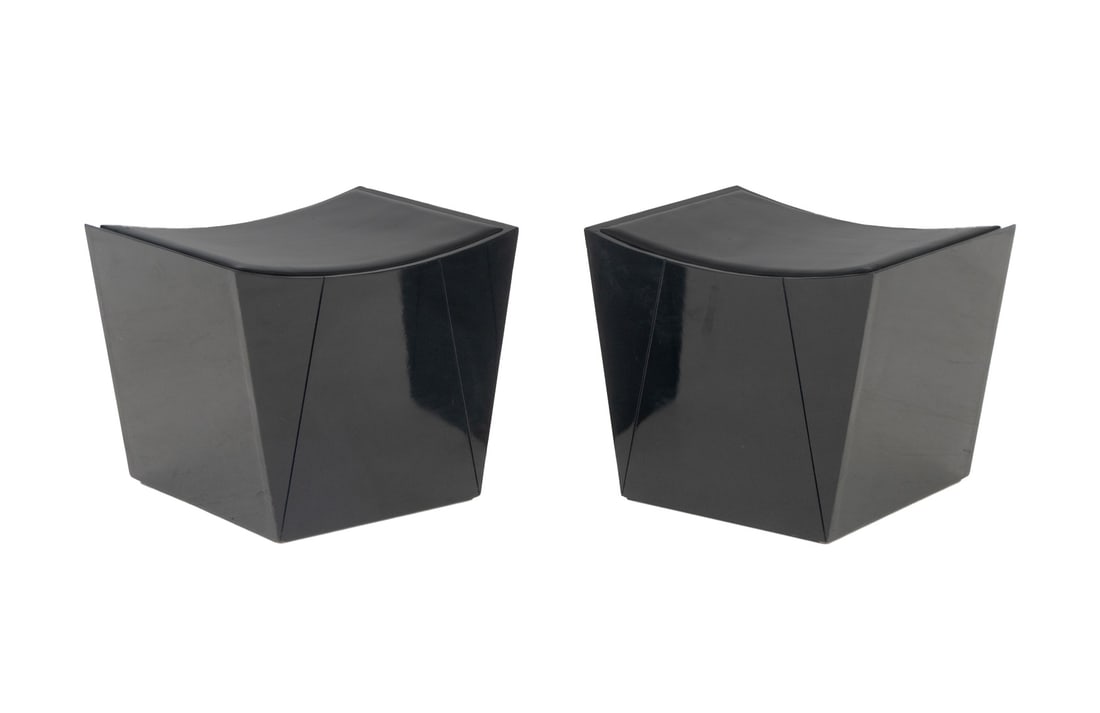 Modern Black Lacquered Ottomans, Pair: Pair of Modern Black Lacquered Ottomans, with black leather inset tops. 17.75" H x 21.75" W x 17.5" D. Provenance: From a SoHo, New York Collection. Keywords: Modern Furniture, Footstool, Seating, Ben