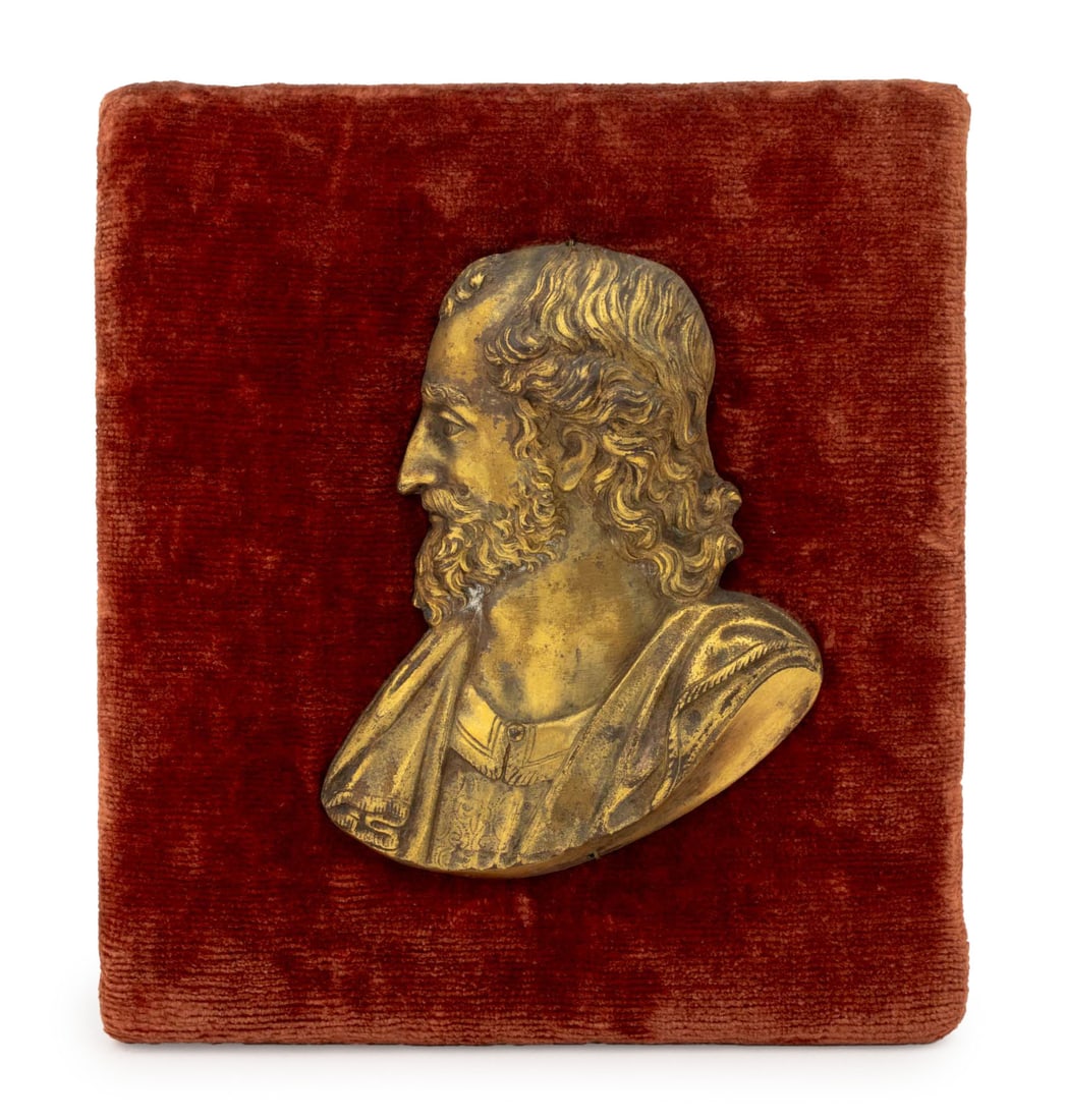 French Baroque Scholar Portrait Gilt Bronze Plaque: French Baroque Scholar Portrait Gilt Bronze Relief Plaque, 17th century, on rust-colored velvet mount. Bronze: 5.25" H x 4" W; overall: 7.5" H x 7.5" W x 2" D. Provenance: By repute, the Property of D