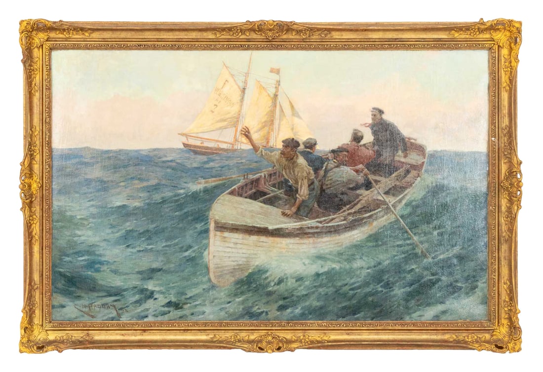 Charles Murray Padday Pilot Boat Crew Oil, 1898: Charles Murray Padday (English, 1868-1954), Pilot Boat Crew, Oil on Canvas, 1898, signed and dated lower left, giltwood frame. Image: 29.75" H x 48" W; frame: 36" H x 54" W x 2.5" D. Provenance: From 