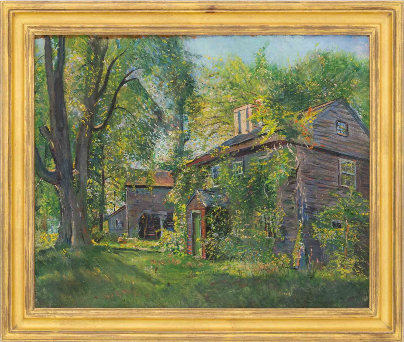 Boston School Backyard Scene Oil on Canvas: Boston School, Backyard Scene, Oil on Canvas, unsigned, giltwood frame. Image: 17.75" H x 21.5" W; frame: 21.75" H x 25.75" W x 1.5" D. Provenance: From a Boston Collection. Keywords: Paintings, Works