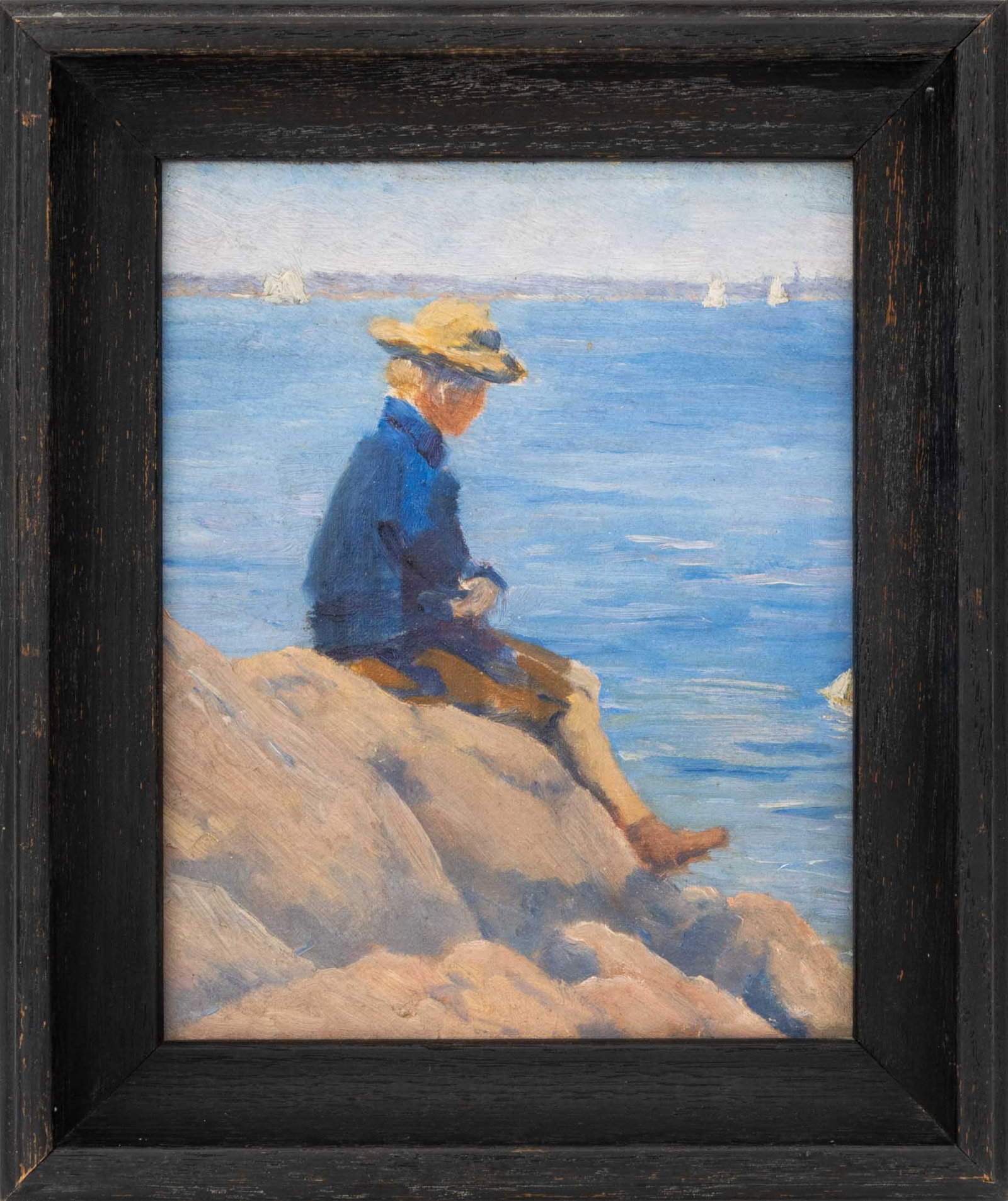 Boston School "Boy with Toy Sailboat", ca. 1900: Boston School, "Boy with Toy Sailboat", Oil on Canvas Panel, circa 1900, possibly Edmund C. Tarbell (American, 1862-1938), unsigned, ebonized wood frame. Image: 9.5" H x 7.25" W; frame: 12.75" H x 10.