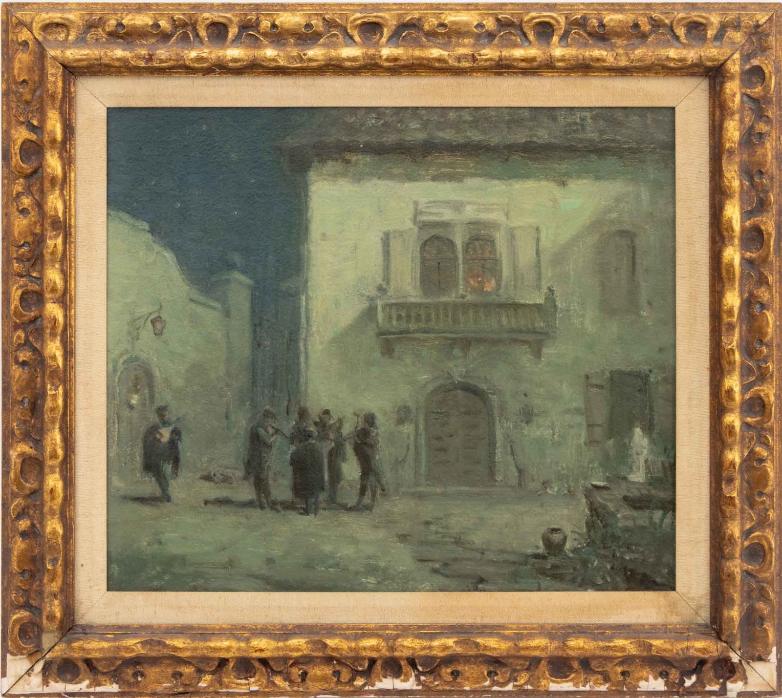 Benjamin Eggleston The Balcony Oil on Board: Benjamin Orso Eggleston (American, 1867-1937), The Balcony, Oil on Board, artist estate stamp verso, giltwood frame. Image: 11.5" H x 13.25" W; frame: 16.5" H x 18.5" W x 1.5" D. Provenance: From a Tr