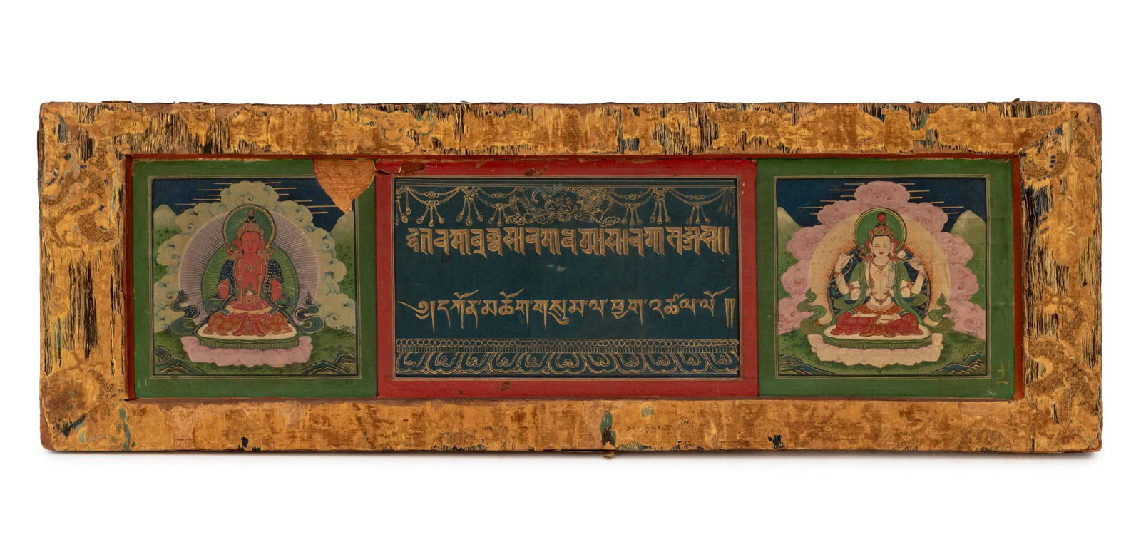 Tibetan Illustrated Sutra Cover: Tibetan Illustrated Sutra Cover, Gouache on Paper, with central embossed text panel flanked by Chenrezig Buddha and Amitayus Buddha, mounted in silk wrapped wood frame. Image: 6.25" H x 23.5" W; frame