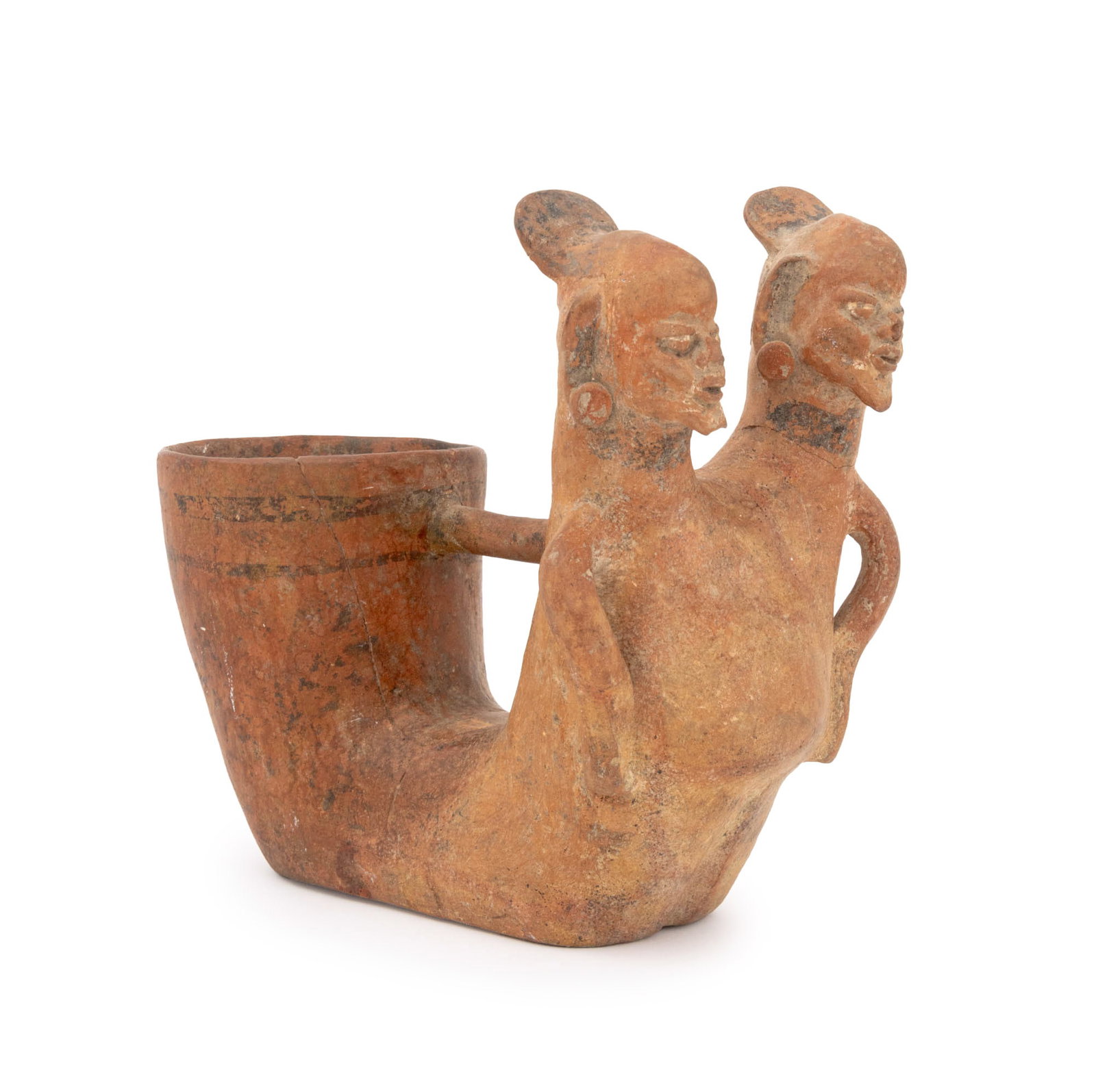 Pre-Columbian Pottery Conjoined Figure Vessel: Pre-Columbian Pottery Conjoined Figure Vessel, possibly Bahia, Ecuador, with remnants of hand-painted pigment accents. 9.25" H x 1.5" W x 6" D. Provenance: From an Upper West Side Estate. Keywords: Pr