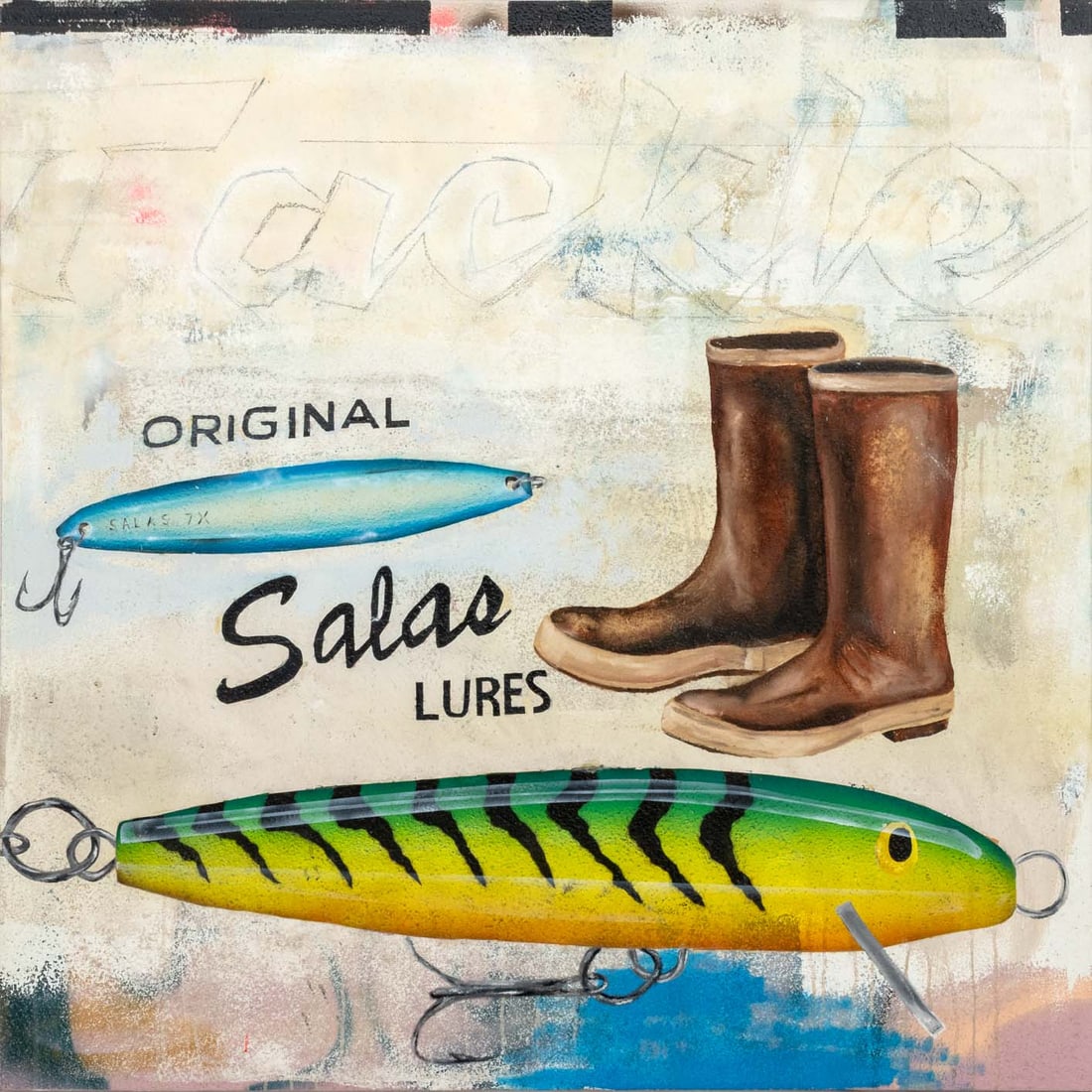 Devin Reynolds "Original Salas Lures" Mixed Media: Devin Reynolds (American, b. 1991), "Original Salas Lures", Mixed Media on Canvas, signed verso, unframed. 48" H x 48" W x 1.25" D. Provenance: From a Los Angeles Collection. Keywords: Painting, Drawi