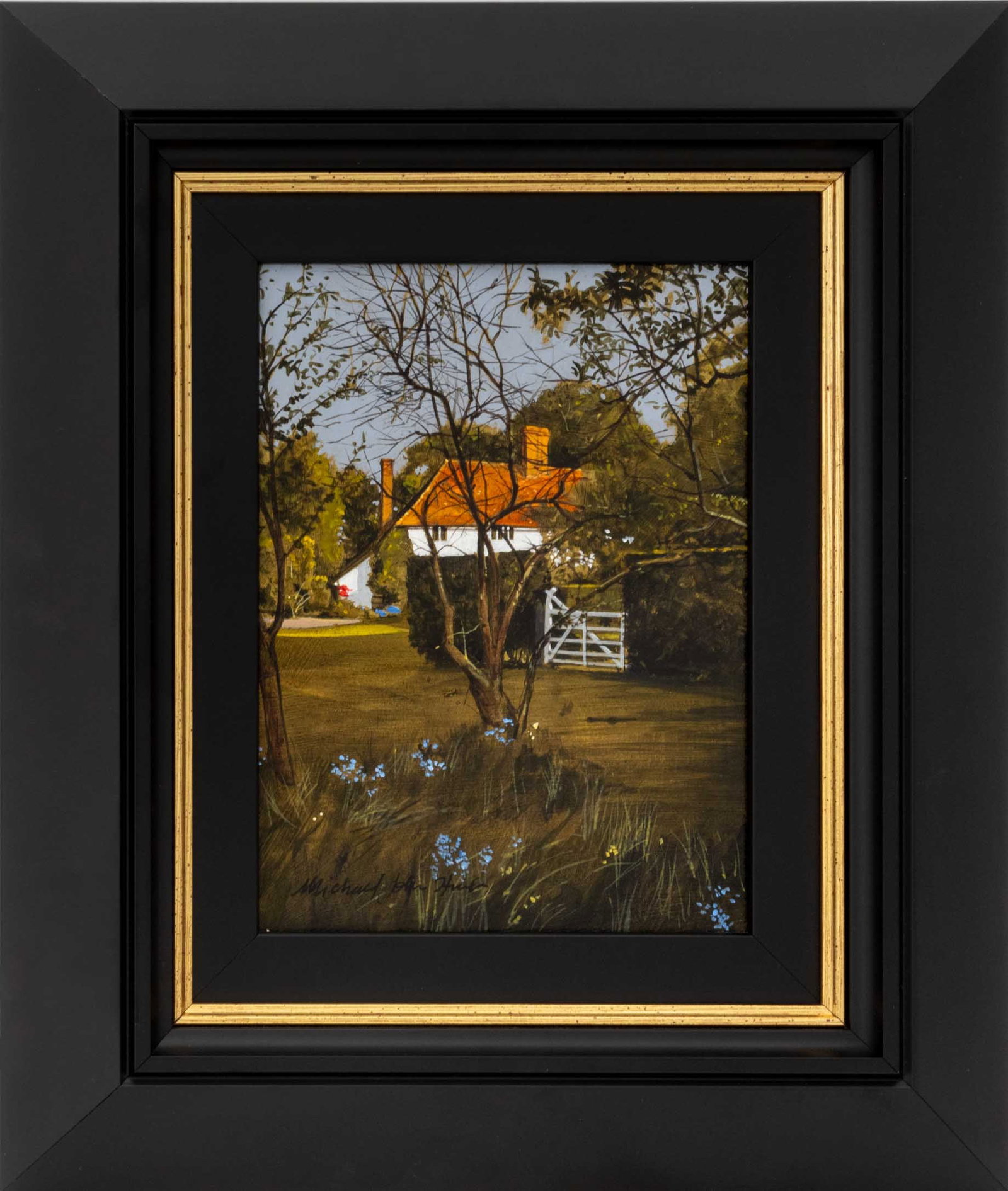 Michael John Hunt Countryside Home Acrylic: Michael John Hunt (English, b. 1941), Countryside Home, Acrylic on Panel, signed lower left, signed verso, ebonized wood frame. Image: 7.5" H x 5.5" W; frame: 13.75" H x 11.75" W x 1.25" D. Provenance