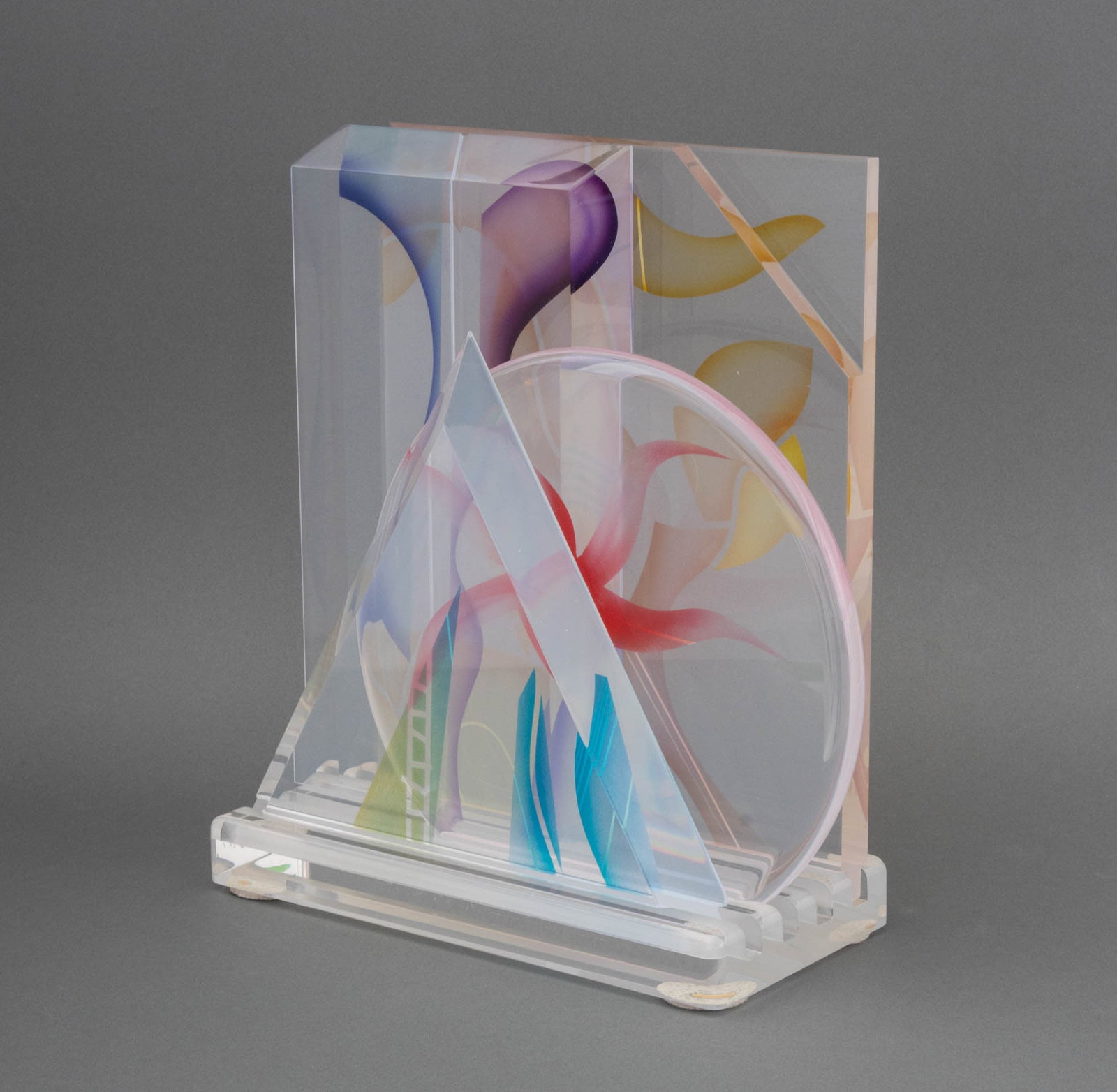 Yankel Ginzburg Op Art Acrylic Sculpture: Yankel Jacob Ginzburg (Israeli, born Kazakhstan, b. 1945) Op Art Screenprinted Acrylic Sculpture, signed to base, in four parts, with triangle, circle, trapezoid, and rectangle on corrugated base. 15.