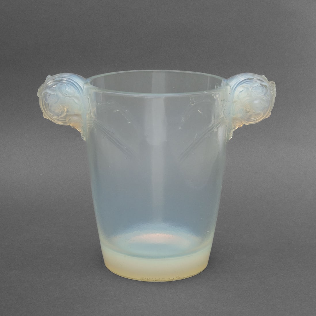 Rene Lalique "Chamarande" Opaline Glass Vase: Rene Lalique (French, 1860-1945) "Chamarande" Clear and Frosted Opaline Glass Vase, with two floral handles, signed "R. Lalique". 8" H x 9.5" W x 5.75" D. Provenance: From the Estate of Gerard Stora, 