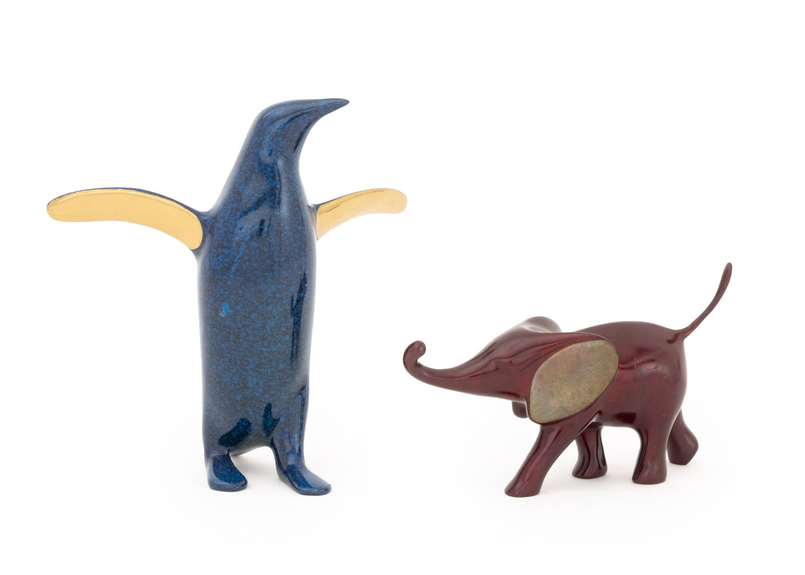 Loet Vanderveen Bronze Animal Sculptures, 2: Loet Vanderveen (Dutch, 1921-2015) Two Patinated and Gilt Bronze Animal Sculptures, comprising: penguin in blue patina, signed and numbered edition "82/2500" to underside, and elephant in burgundy pat