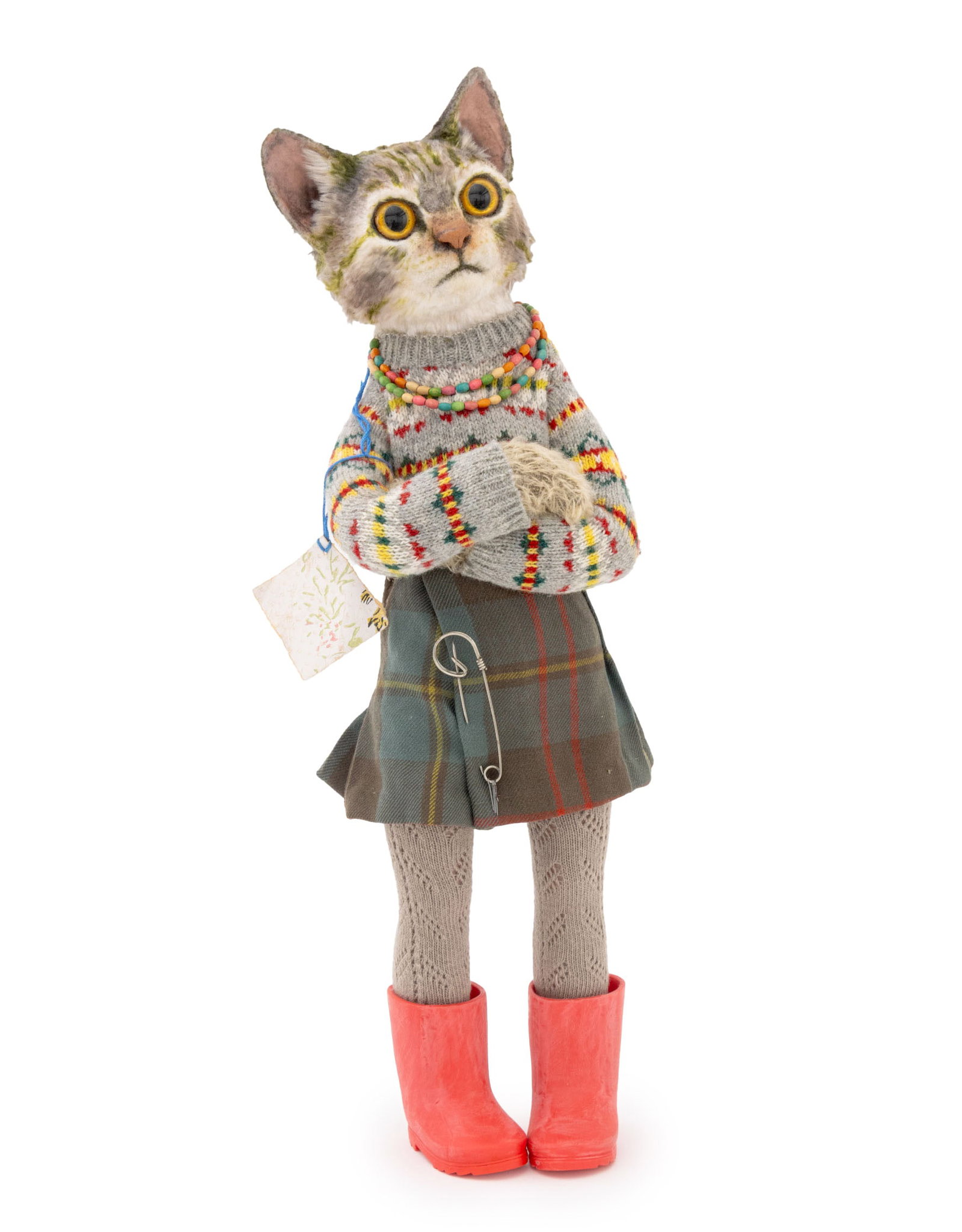 Annie Montgomerie "Kissy (Kissy is Cross)": Annie Montgomerie (English, XX-XXI) "Kissy (Kissy is Cross)" Mixed Media Textile Sculpture, titled and signed on label to arm, depicting a cat with crossed arms and articulated legs in up-cycled vinta