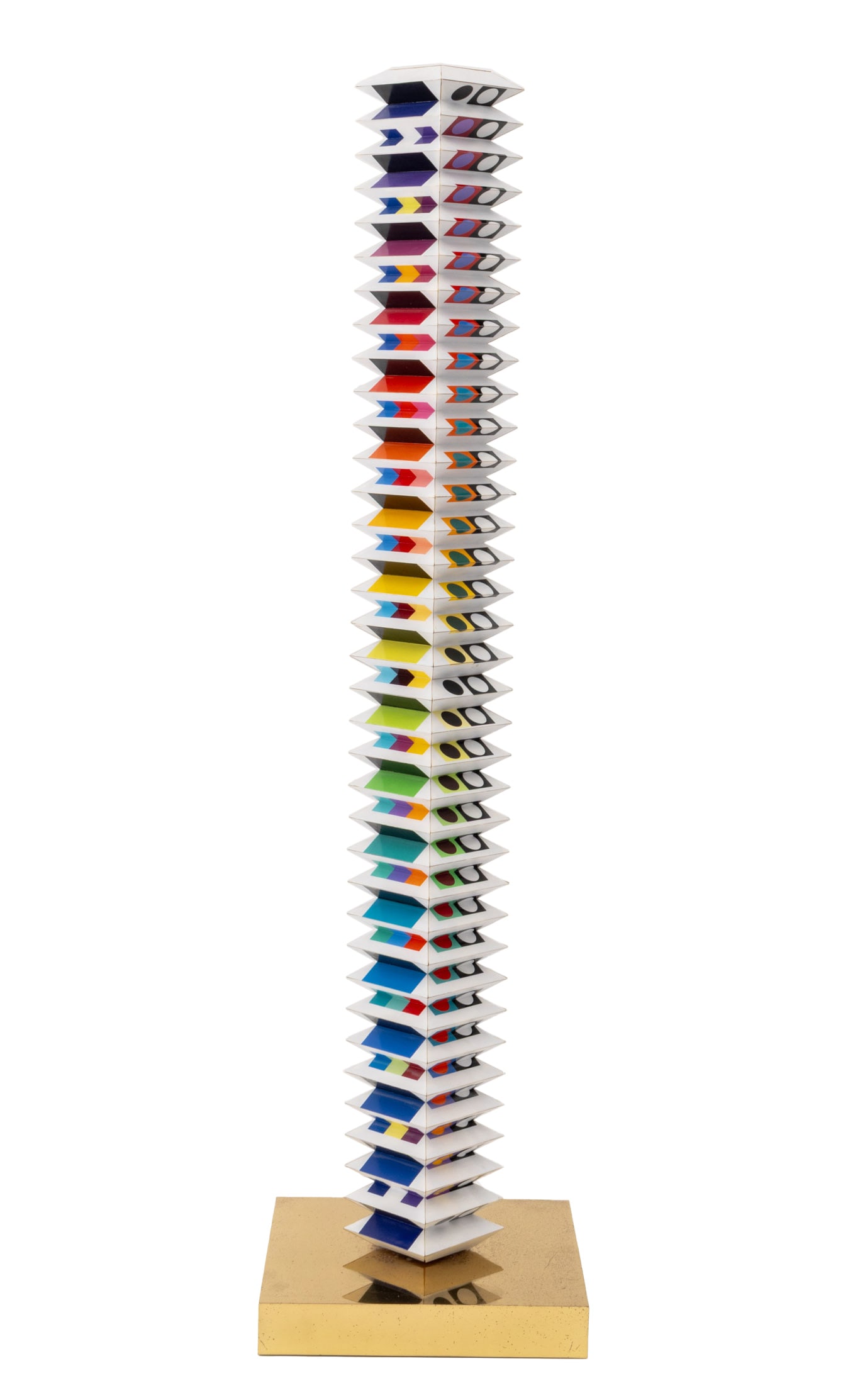 Yaacov Agam "Beyond the Visible", 1980: Yaacov Agam (Israeli, b. 1928) "Beyond the Visible", Polymorph Screenprint in Colors on Folded PVC, 1980, signed to second bottom tier, rotating on a gilt metal base. Overall: 34" H x 8.75" W x 8.75" 
