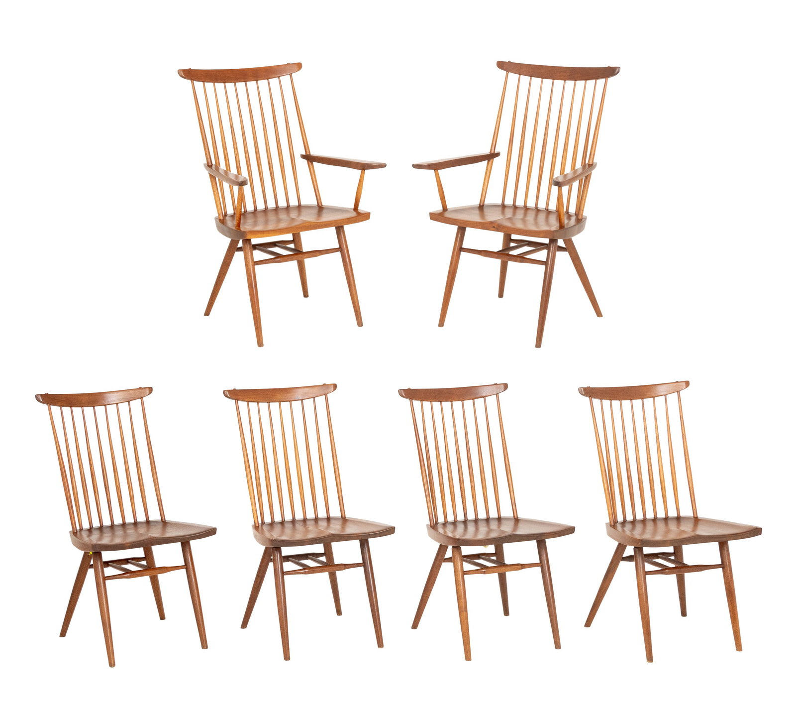 George Nakashima Walnut "New" Dining Chairs, 6: George Nakashima (American, 1905-1990) Set of Six Walnut "New" Dining Chairs, 1964-5, comprising two armchairs and four side chairs, with copy of receipt from Nakashima Foundation for Peace. Armchair: