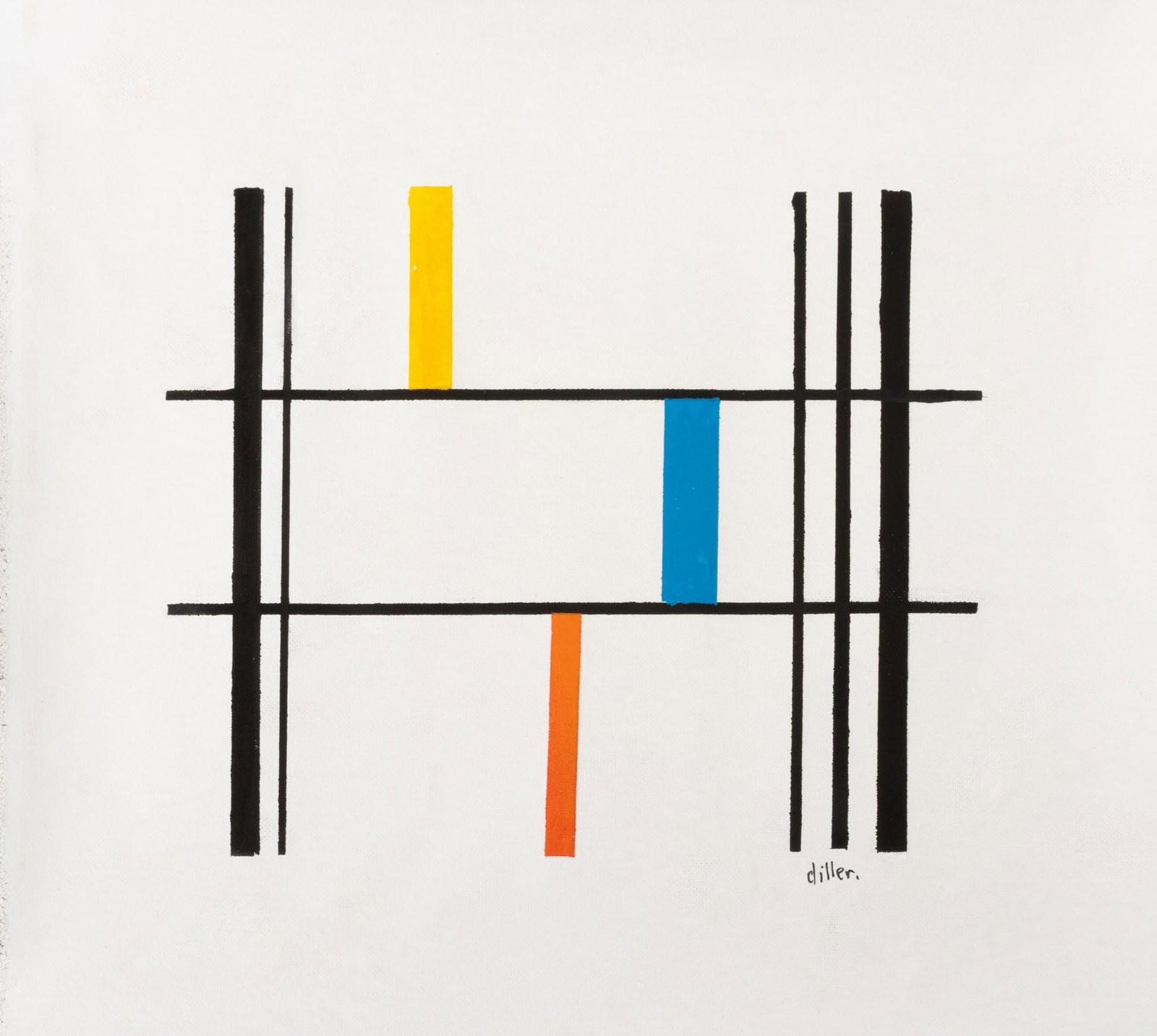 Burgoyne Diller Untitled Oil on Canvas, 1950: Burgoyne Diller (American, 1906-1965), Untitled (Third Theme), Oil on Unstretched Canvas, 1950, signed white frame. Image: 8.5" H x 10.5" W; frame: 26.25" H x 20" W x 0.75" D. Provenance: Estate of Ar