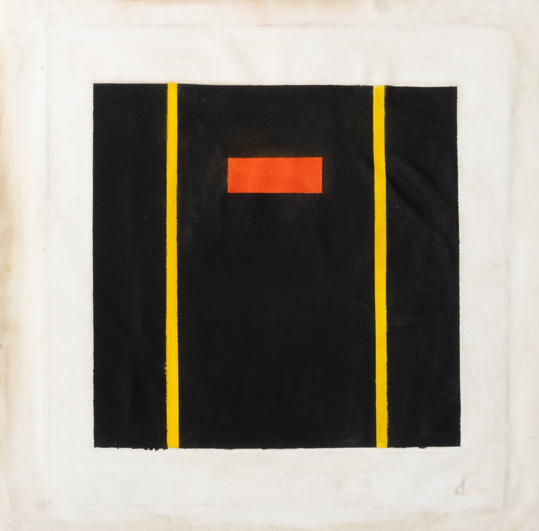 Burgoyne Diller "First Theme 80-9", 1956: Burgoyne Diller (American, 1906-1965), "First Theme 80-9", Oil on Unstretched Canvas, 11 May 1956, initialed "d" lower right, signed, inscribed "NYC", titled, and dated "5-11-56", marked in red ink "0