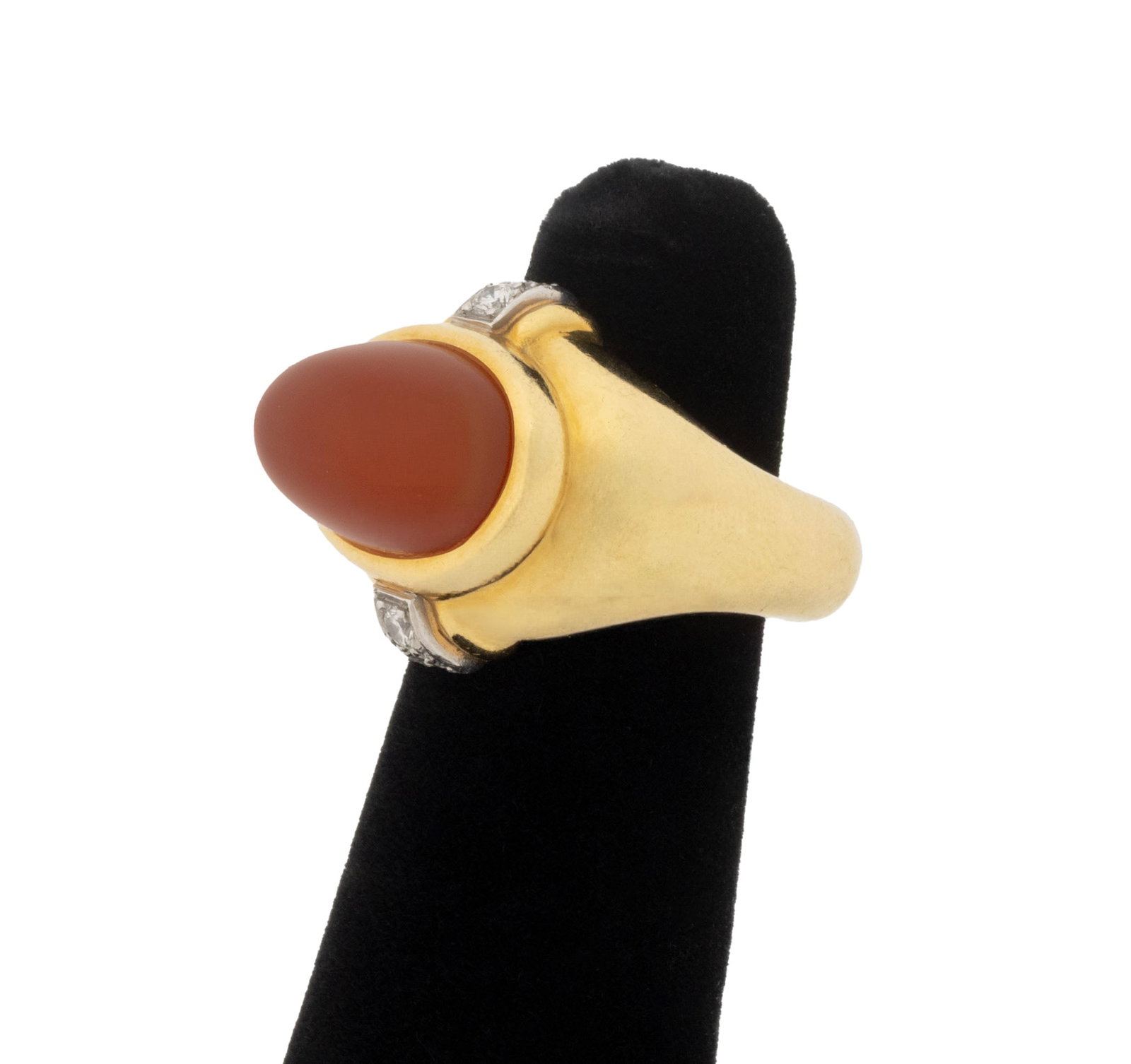 Boris LeBeau 18K Gold, Carnelian, & Diamond Ring: Boris LeBeau 18K Yellow Gold, Carnelian, abd Diamond Ring, featuring one bezel set oval carnelian cabochon weighing approx. 9.25 carats, further adorned with four bead set round brilliant cut diamonds