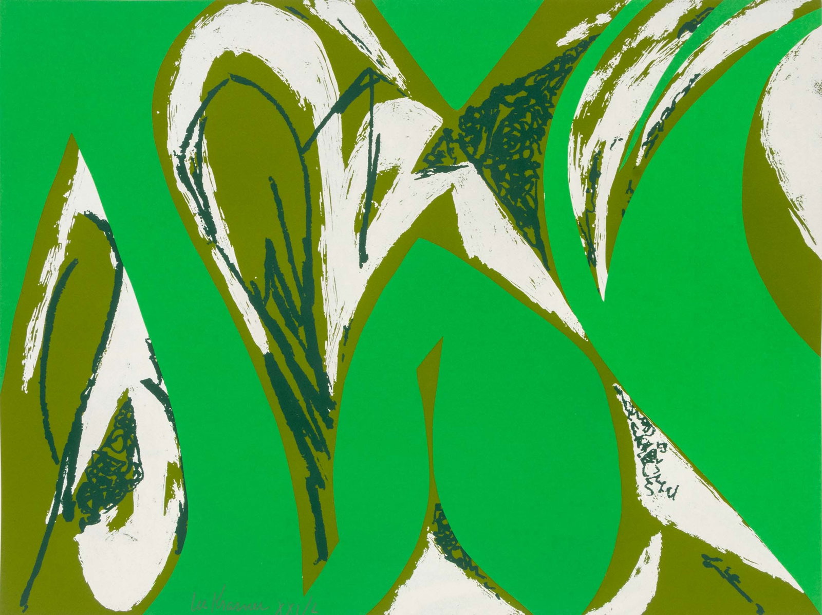 Lee Krasner "Free Space (Green)", 1975: Lee Krasner (American, 1908-1984), "Free Space (Green)", Screenprint and Collage in Colors on Arches Paper, 1975, from "An American Portrait 1776-1976", Part III [Look Out Beyond and See]", signed in