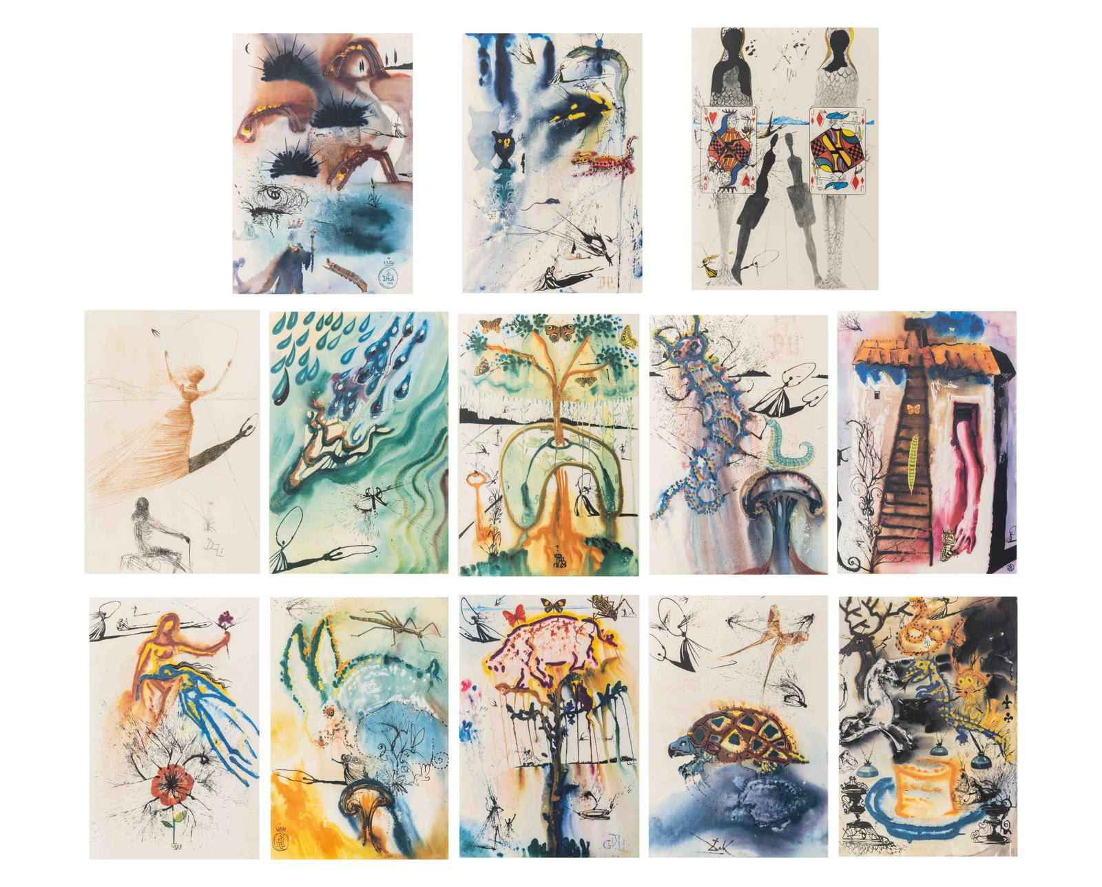 Salvador Dali "Alice's Adventures Wonderland", 14: Salvador Dali (Spanish, 1904-1989), "Alice's Adventures in Wonderland" Series, Set of Fourteen Framed Prints, One Etching and Twelve Heliogravures in Colors on Mandeure Paper, 1969, printed by Princet