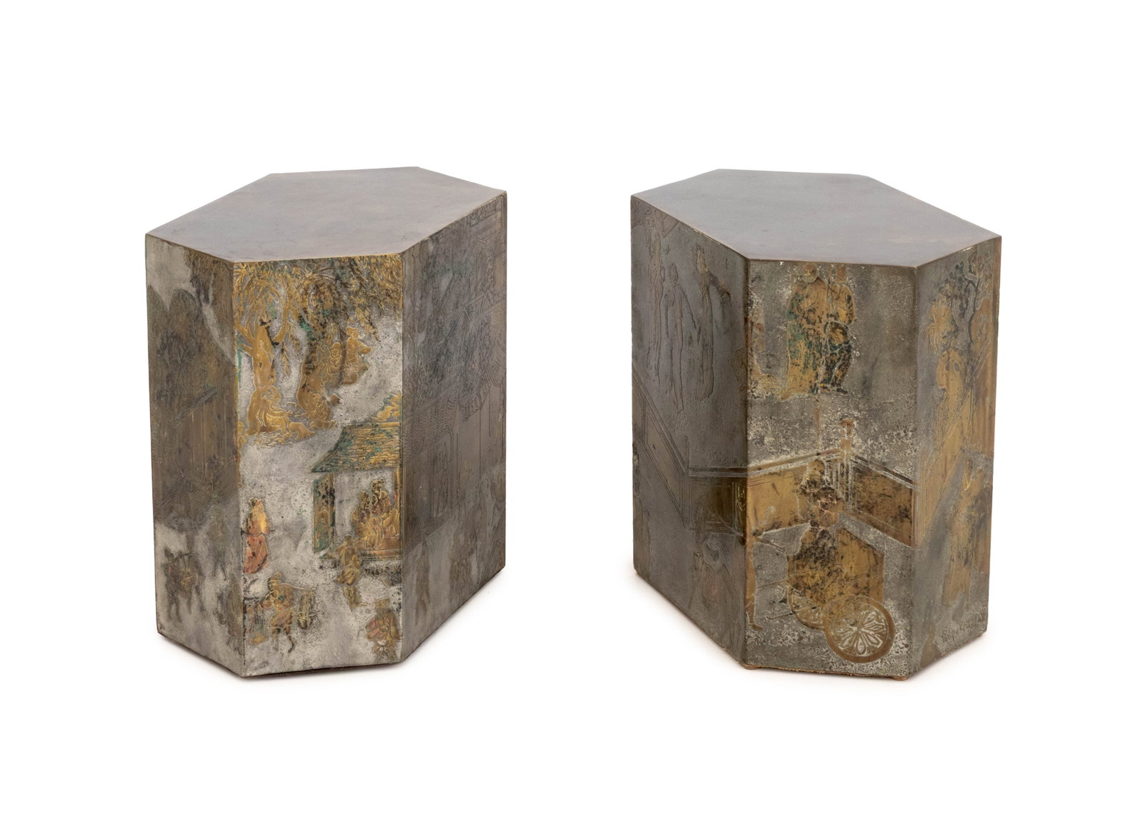 Philip & Kelvin LaVerne "Chan" Side Tables, Pair: Philip LaVerne (American, 1908-1988) and Kelvin LaVerne (American, b. 1936) Pair of "Chan" Series Side Tables, signed near bases, polychromed, engraved, and patinated bronze and pewter, elongated hexa