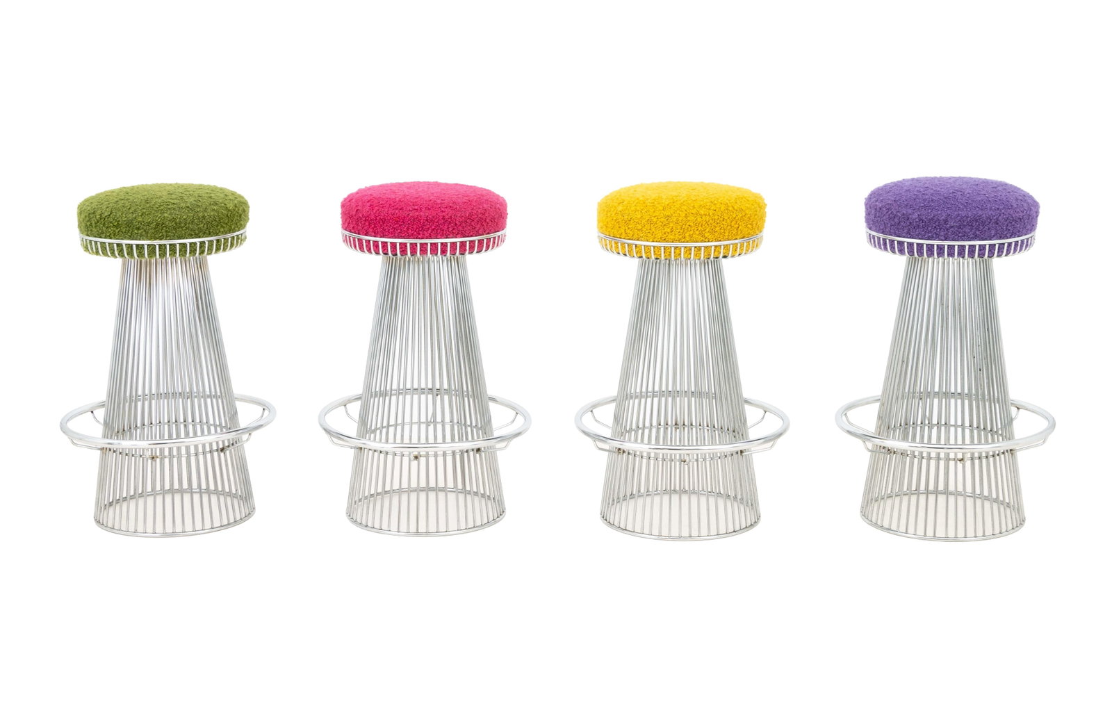 Arthur Umanoff for Contemporary Shells Stools, 4: Arthur Umanoff (American, 1923-1985) for Contemporary Set of Four Shells Bar Stools, boucle upholstered seats on chromed wire pedestal frames. 30" H x 17" Diameter. Provenance: From a One Central Park