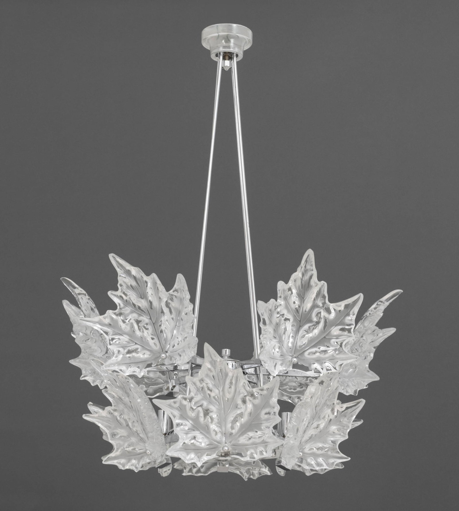 Lalique Crystal "Champs-Elysees" 2-Tier Chandelier: Lalique "Champs-Elysees" Two-Tier Crystal Chandelier, twelve lights with molded clear and frosted leaf glass motif on chrome-plated hexagonal frame, each leaf marked "Lalique / France". Overall: 39" H