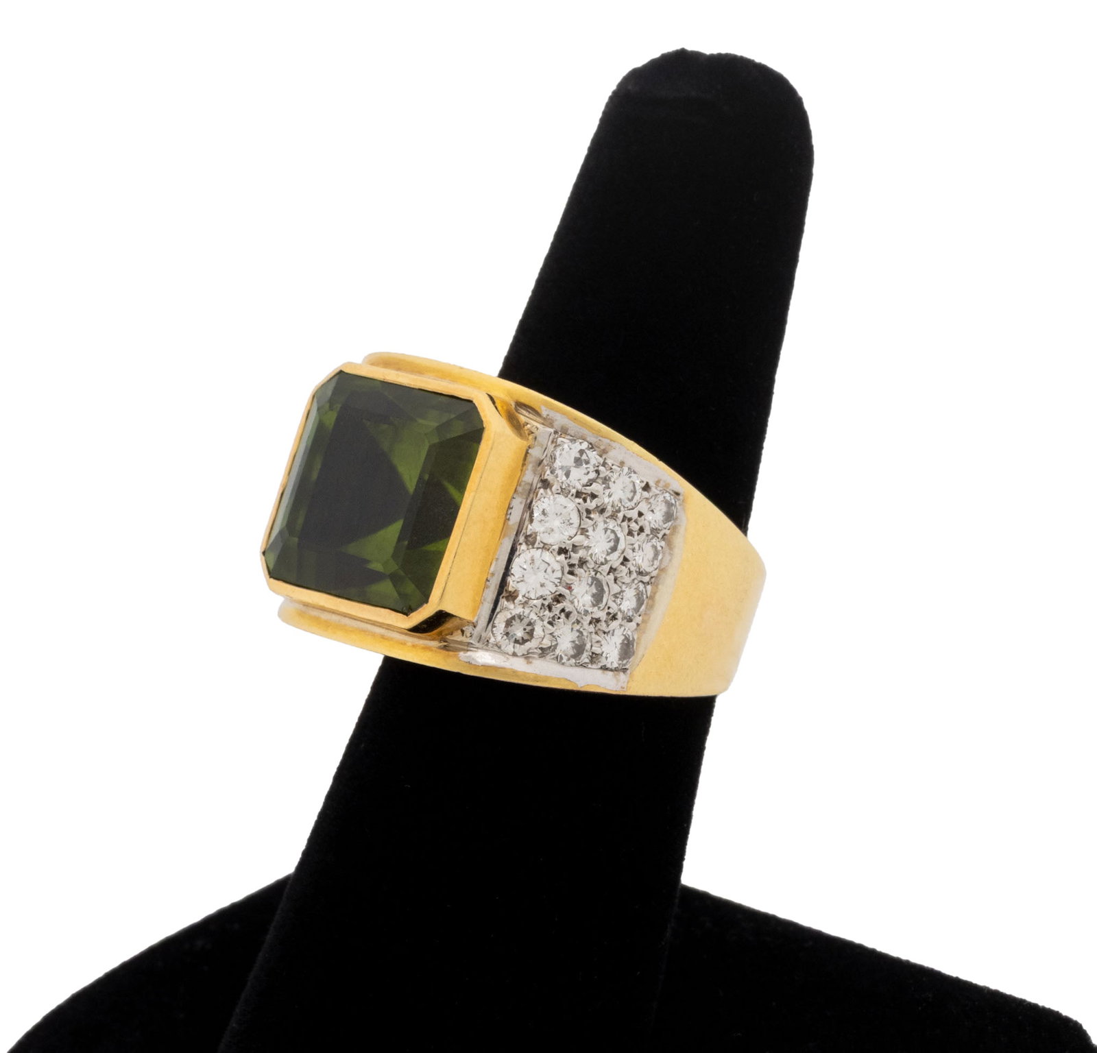 Tambetti 18K Yellow Gold, Peridot, & Diamond Ring: Tambetti 18K Yellow Gold, Peridot, and Diamond Ring, featuring one bezel set square emerald cut peridot weighing approx. 14.75 carats, further adorned with twenty four pave set round brilliant cut dia