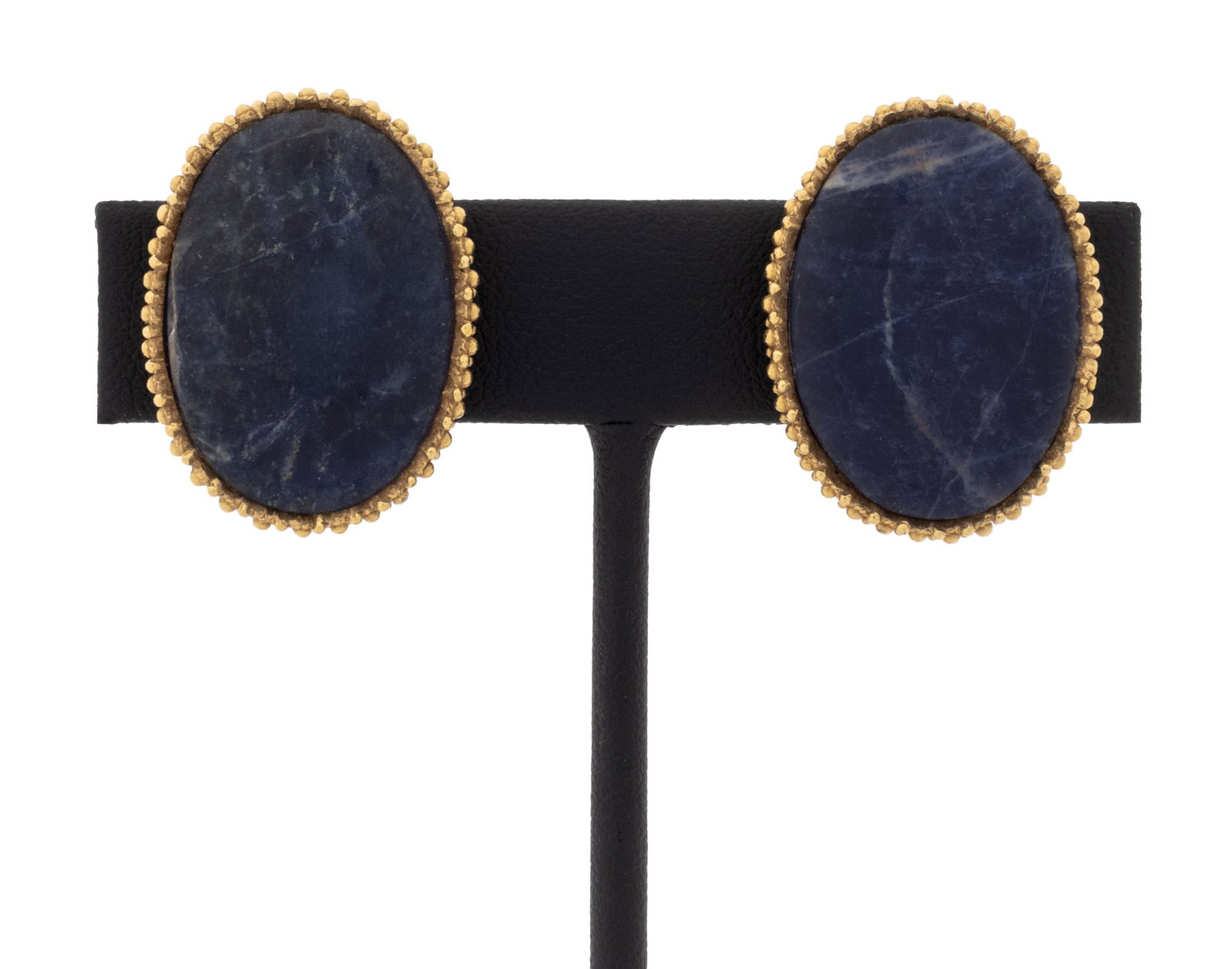 Lalaounis 18K Yellow Gold and Lapis Earrings: Pair of Lalaounis 18K Yellow Gold and Lapis Lazuli Earrings, featuring two bezel set oval lapis cabochons weighing a total of approx. 27.25 carats, worn as clip-ons with lever backs, marked: "Ilias La