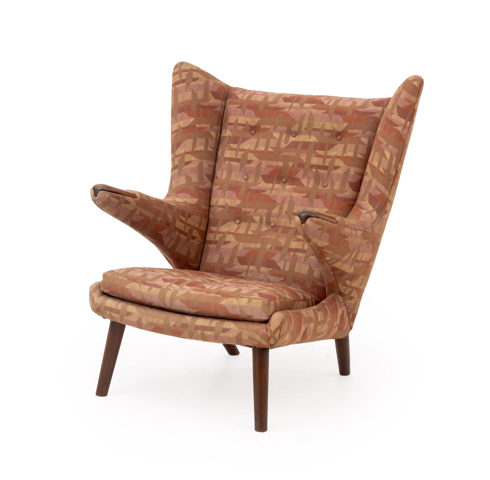 Hans J. Wegner Papa Bear Chair: Hans J. Wegner (Danish, 1914-2007) Papa Bear AP-19 Upholstered Lounge Chair, teak legs and arm rests, "Danish Furnituremakers Control" metal label to bottom. 48" H x 36" W x 32" D; seat 16" H. Provena