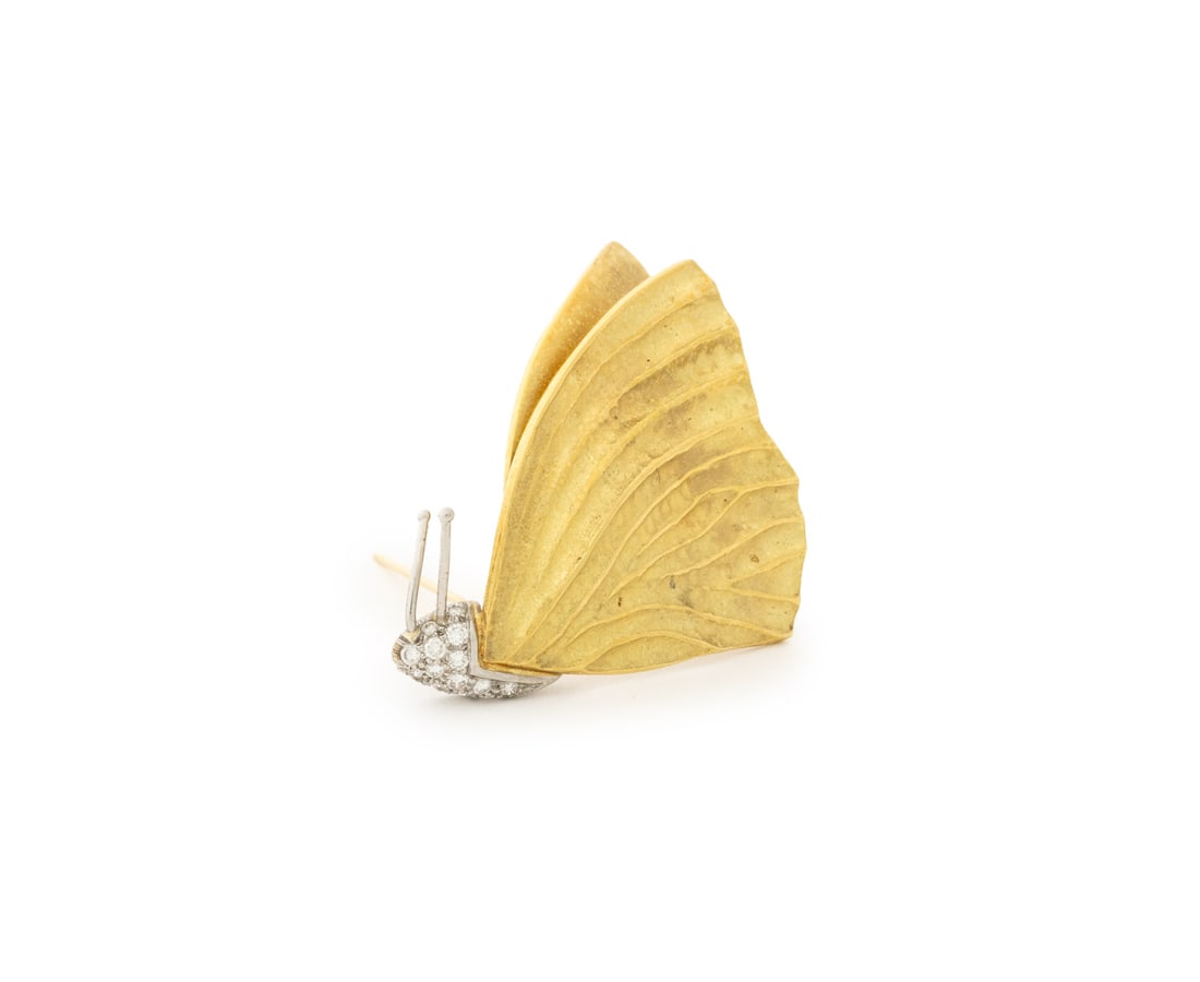 Marlene Stowe Butterfly Form Gold & Diamond Pin: Marlene Stowe Butterfly Form 18K Yellow Gold, Platinum, and Diamond Brooch, depicting a butterfly with brightly polished and satin finished surfaces, featuring fourteen platinum pave set round