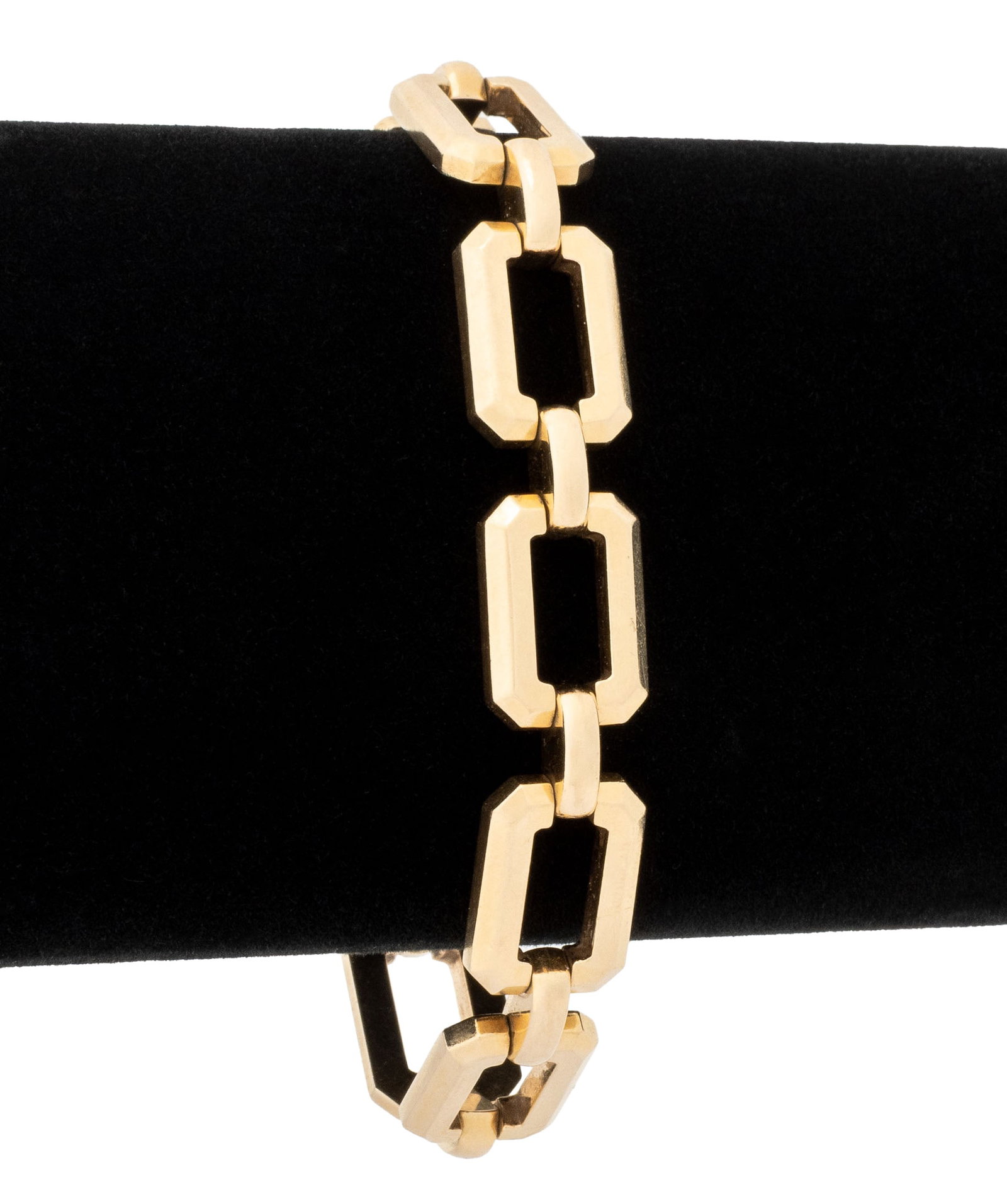Tiffany & Co. Yellow Gold Rectangle Link Bracelet: Tiffany and Company 14K Yellow Gold Rectangle Link Bracelet, designed with 14K yellow gold large open cut cornered rectangular links, joined with fold over hook and eye clasp, marked: "Tiffany & Co. 1