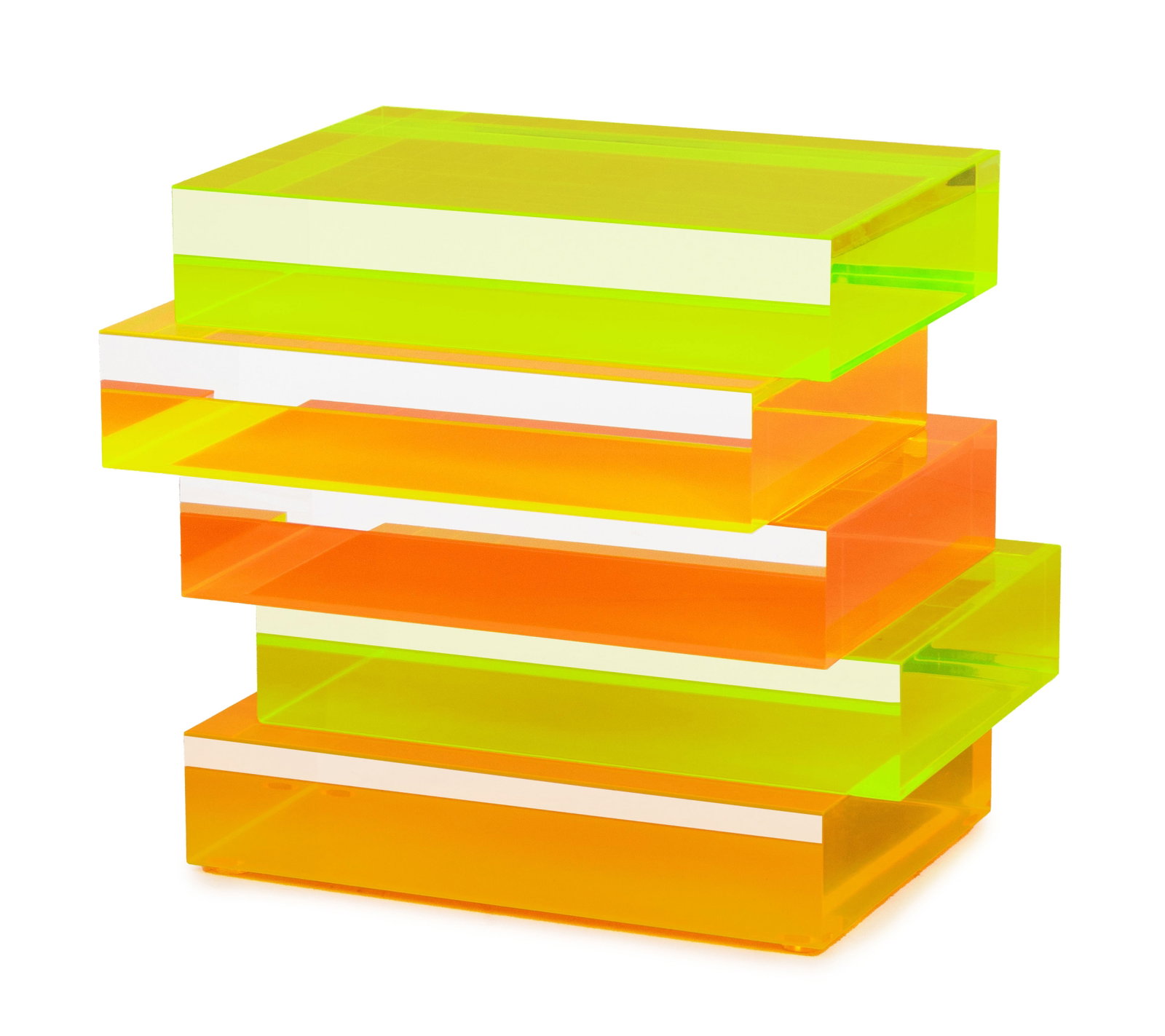Studio Superego "Disallineata" Side Table: Studio Superego "Disallineata" Side Table, made in Italy, comprised of stacked overlapping neon Plexiglas rectangles, marked. 20.25" H x 22.25" W x 16.5" D. Provenance: From a One Central Park West