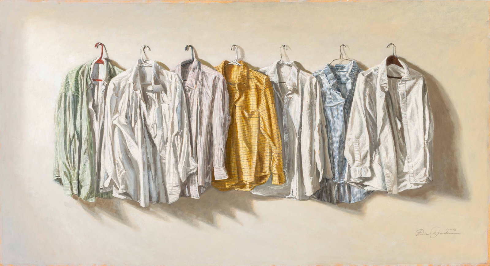 Eric Forstmann Button-Up Shirts Oil on Board, 2008: Eric Forstmann (American, b. 1967), Button-Up Shirts, Oil on Board, 2008, signed and dated lower right, unframed. 17.75" H x 37.25" W x 1" D. Provenance: From an Upper East Side Estate. Keywords: