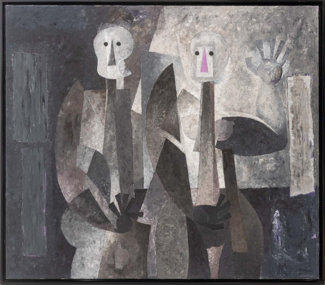 Byron Galvez Two Figures Oil on Canvas, 1990: Byron Galvez (Mexican, 1941-2009), Two Abstract Figures, Oil on Canvas, 1990, signed and dated lower right, black lacquered frame. Image: 39.5" H x 45.25" W; frame: 41.25" H x 46.75" W x 2" D. Provena