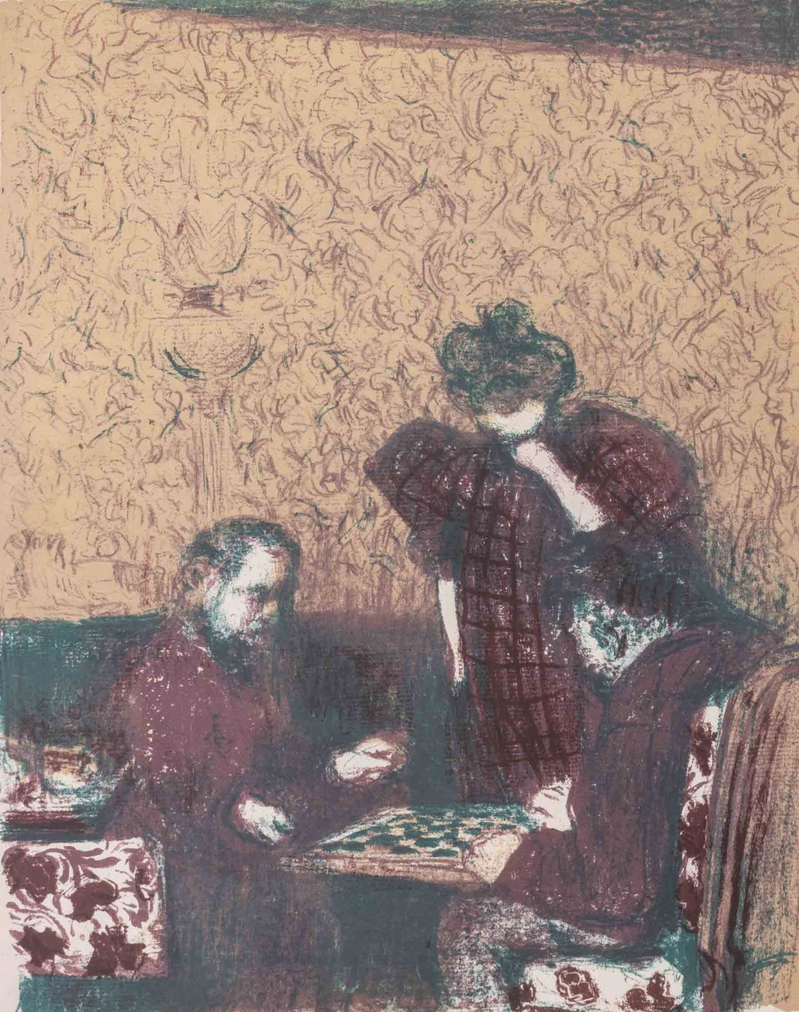 Edouard Vuillard "La Partie de Dames" Lithograph: Jean Edouard Vuillard (French, 1868-1940), "La Partie de dames, from Paysages et Interieurs" [The Game of Checkers, from Landscapes and Interiors], Lithograph in Colors, 1899, published by Ambroise Vo