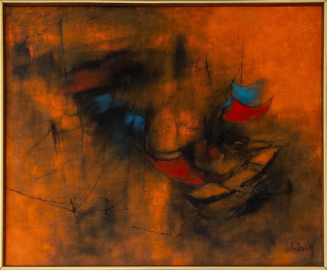Lebadang "Filets de Pecheurs sur l'Etang Orange": Lebadang (Le Ba Dang, Vietnamese/French, 1921-2015), "Filets de Pecheurs sur l'Etang Orange" [Fisherman's Nets on l'Etang Orange], Oil on Canvas, signed lower right, titled verso, wood frame. Image: 2