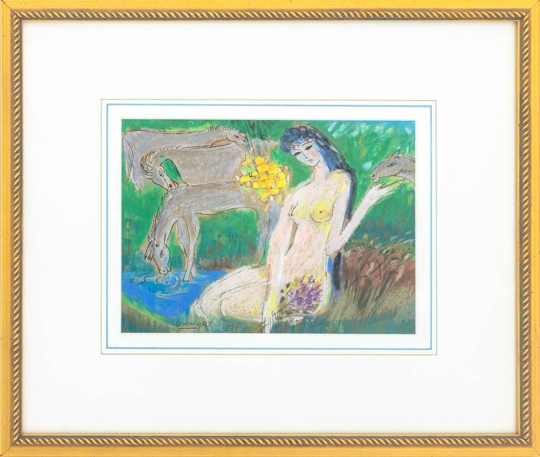 Duong Nude Woman with Horses Mixed Media, 1993: Duong (XX-XXI), Nude Woman with Horses Amongst a Landscape Scene, Mixed Media on Paper, 1993, signed and dated lower left, gilt frame. Image: 5.25" H x 7" W; frame: 11.25" H x 13.25" W x 0.75" D. Prov