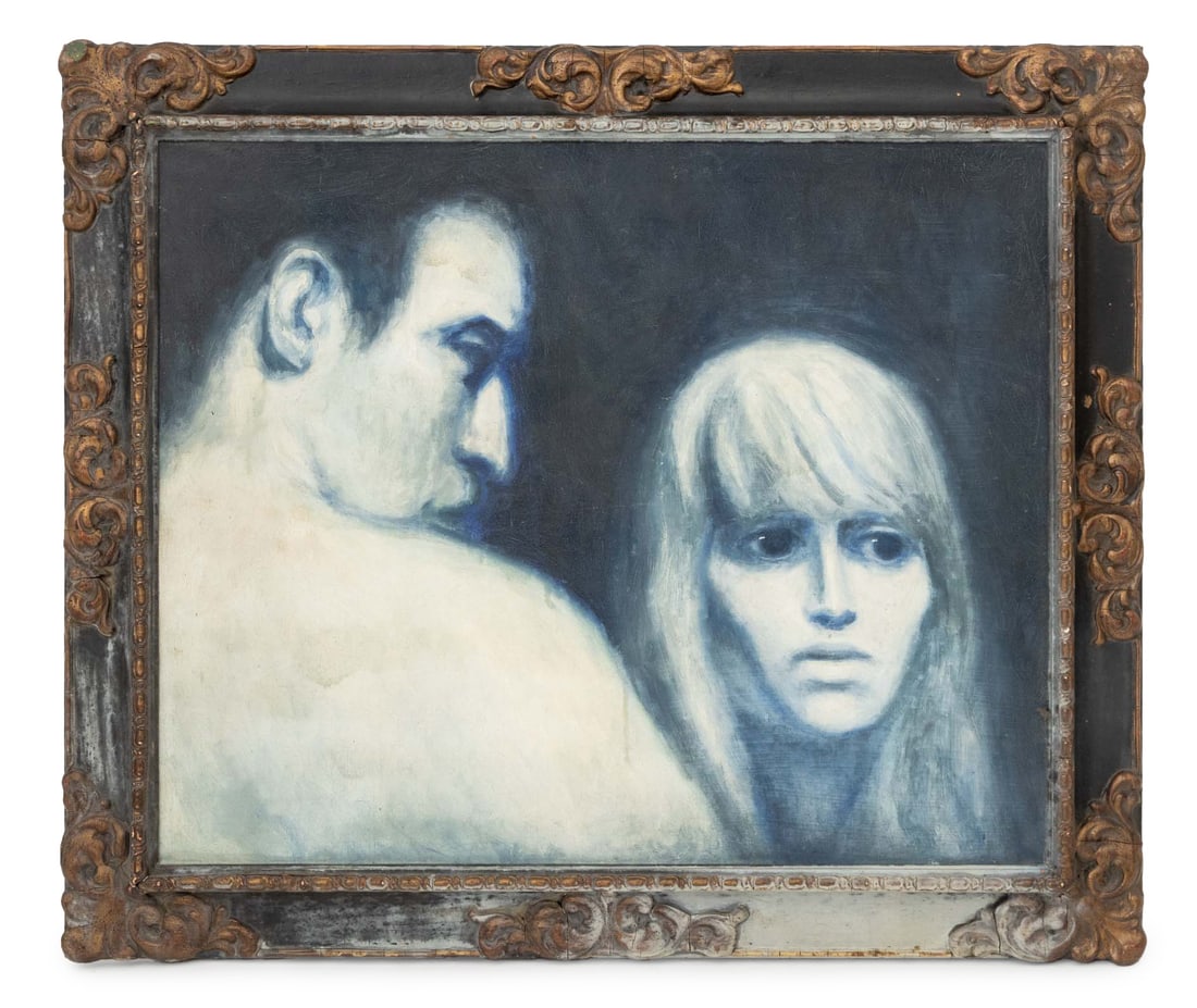Luis Eduardo Aute "L'Invitation" Oil on Canvas: Luis Eduardo Aute (Filipino, 1943-2020), "L'Invitation", Oil on Canvas, signed, titled, Galerie Juarez Inc., label and "J. Rigo" stamp verso, ebonized and giltwood frame. Image: 23" H x 28.25" W; fram