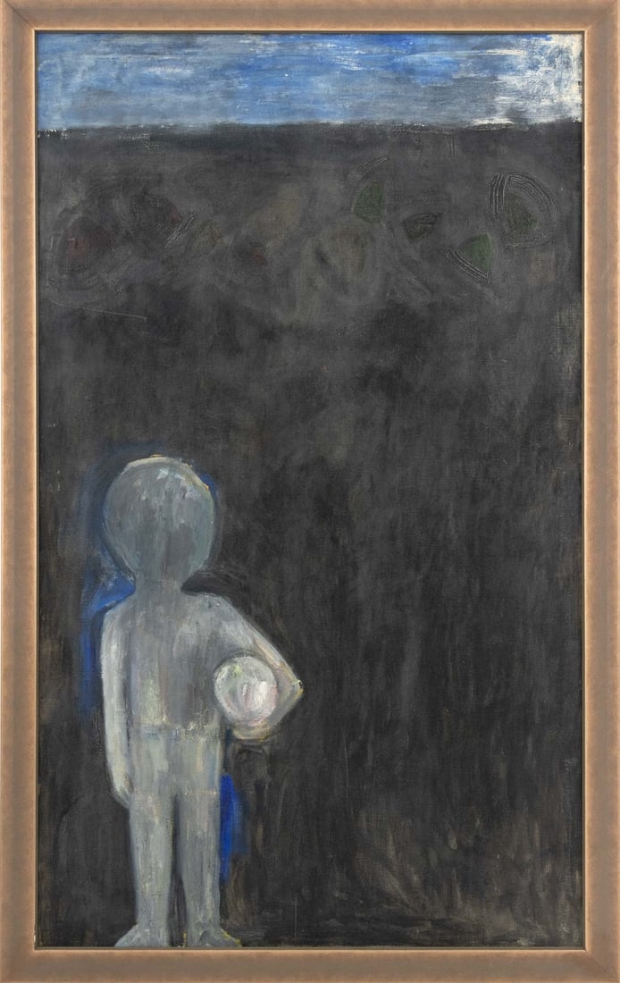 Allen Kubach "Boy with Ball" Oil on Canvas, 1959: Allen Edward Kubach (American, b. 1921), "Boy with Ball", Oil on Canvas, 1959, signed "A. Kubach" and dated verso, wood frame. Image: 59.5" H x 35.5" W; frame: 64.5" H x 40.75" W x 1" D. Provenance: F