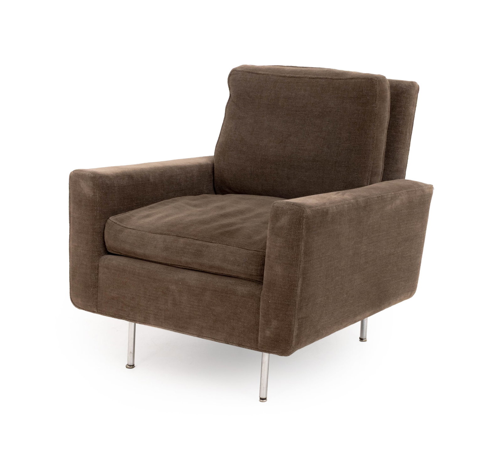 Mid-Century Modern Chenille Upholstered Easy Chair: Mid-Century Modern Dark Brown Chenille Upholstered Easy Chair, on stainless steel tubular legs. 29.5" H x 30" W x 29.5" D; seat: 18" H. Provenance: From a 35 Sutton Place Estate. Keywords: Modern Furn