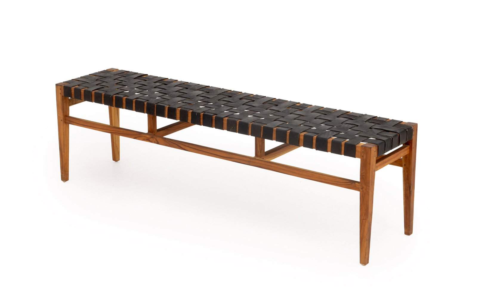 Jens Risom Style Teak and Woven Leather Bench (1 of 9)