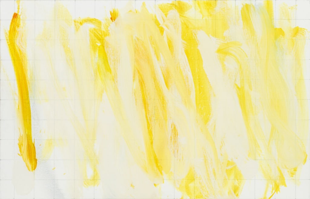 Robert O'Meara Abstract and Grid Composition Oil: Robert O'Meara (American, 1957-2024), Abstract and Grid Composition, Oil on Canvas, yellow abstraction overlaid over graphite grid, apparently unsigned, unframed. 20" H x 31" W x .75" D. Provenance: F