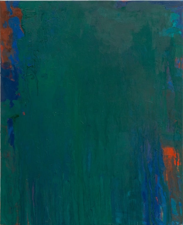 Robert O'Meara Abstract Composition in Green Oil: Robert O'Meara (American, 1957-2024), Abstract Composition in Deep Green, Oil on Canvas, with red and navy accents, signed verso, unframed. Overall: 27" H x 22" W. Provenance: From a 333 East 75th Str