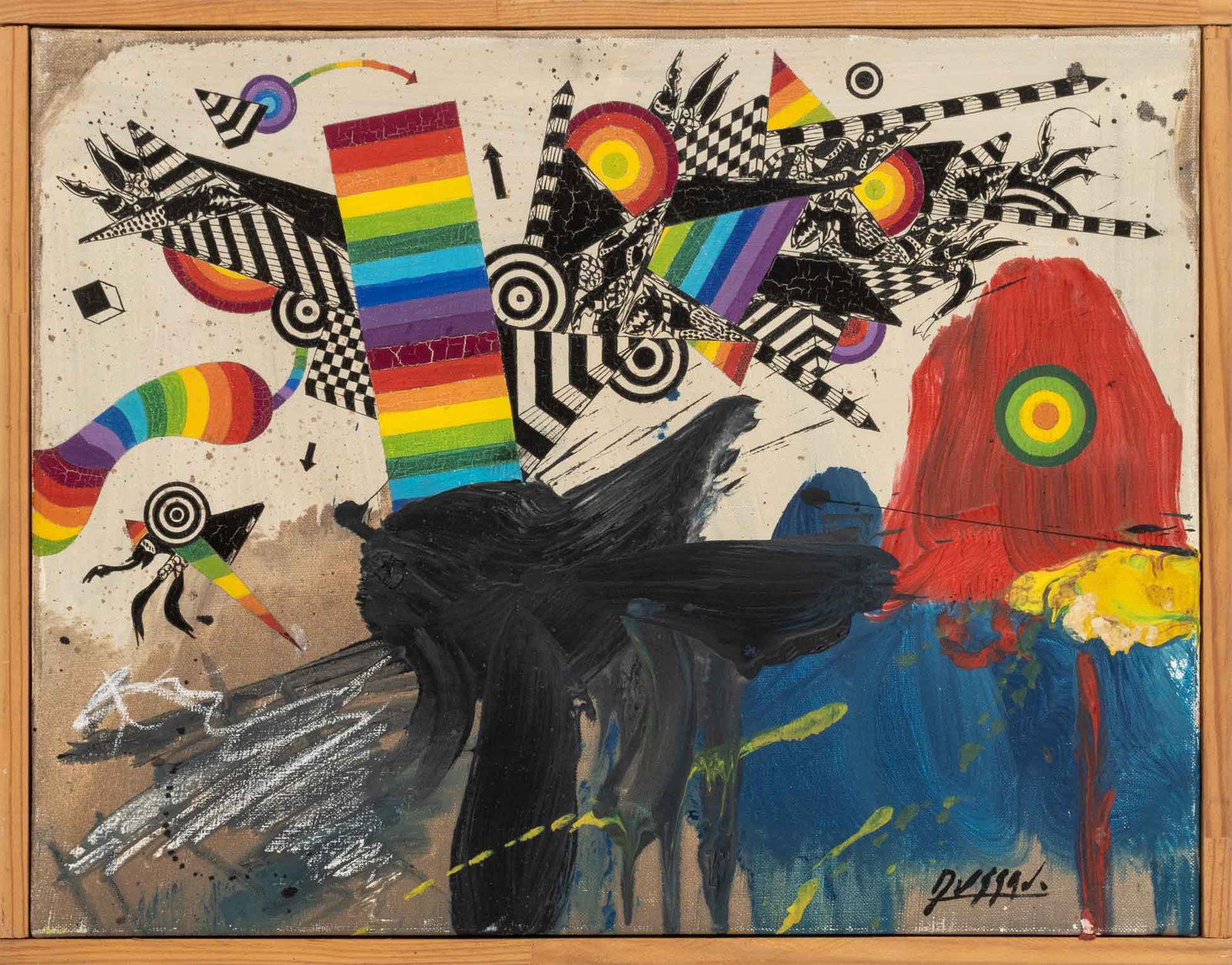 Georges Dussau "Disymetrie pour un Corps": Georges Dussau (French, b. 1947), "Disymetrie pour un Corps No. IX" [Dissymmetry for a Body], Acrylic on Canvas, signed lower right, titled verso, wood frame. Image: 10.75" H x 13.75" H; frame: 11.5" 