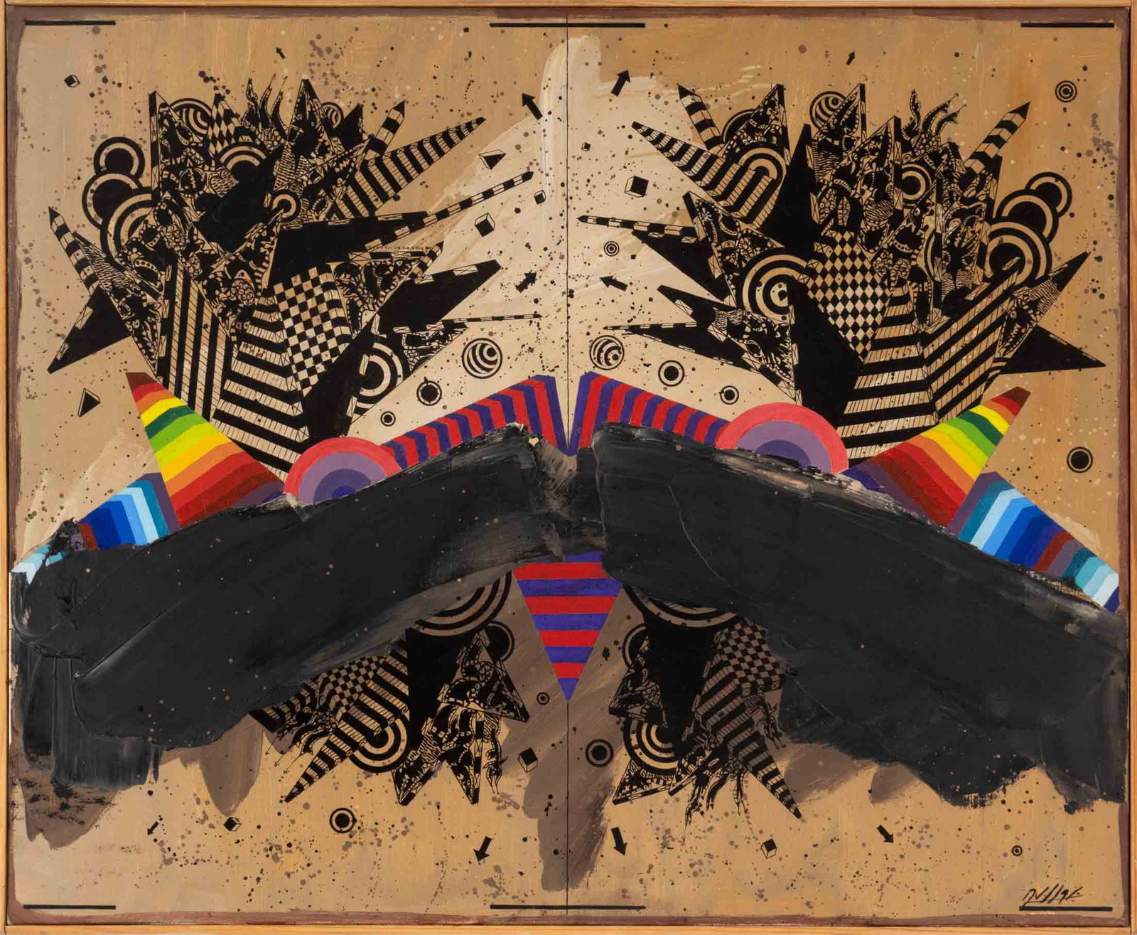 Georges Dussau Rainbow Abstraction Acrylic: Georges Dussau (French, b. 1947), Untitled (Rainbow Abstraction), Acrylic on Canvas, signed lower right, wood frame. Image: 23.75" H x 28.75" W; frame: 24.25" H x 29.25" W x 1.25" D. Provenance: From 