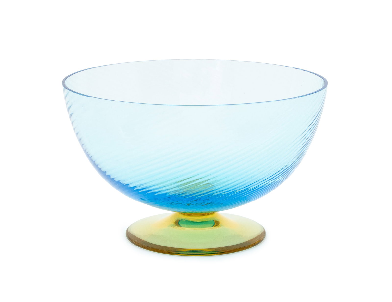 Carlo Moretti Murano Art Glass Bowl: Carlo Moretti Murano Art Glass Bowl, with blue ribbed body above yellow circular footed base, signed to base. 5" H x 8" Diameter. Provenance: From a 35 Sutton Place Estate. Keywords: Vintage glass, St