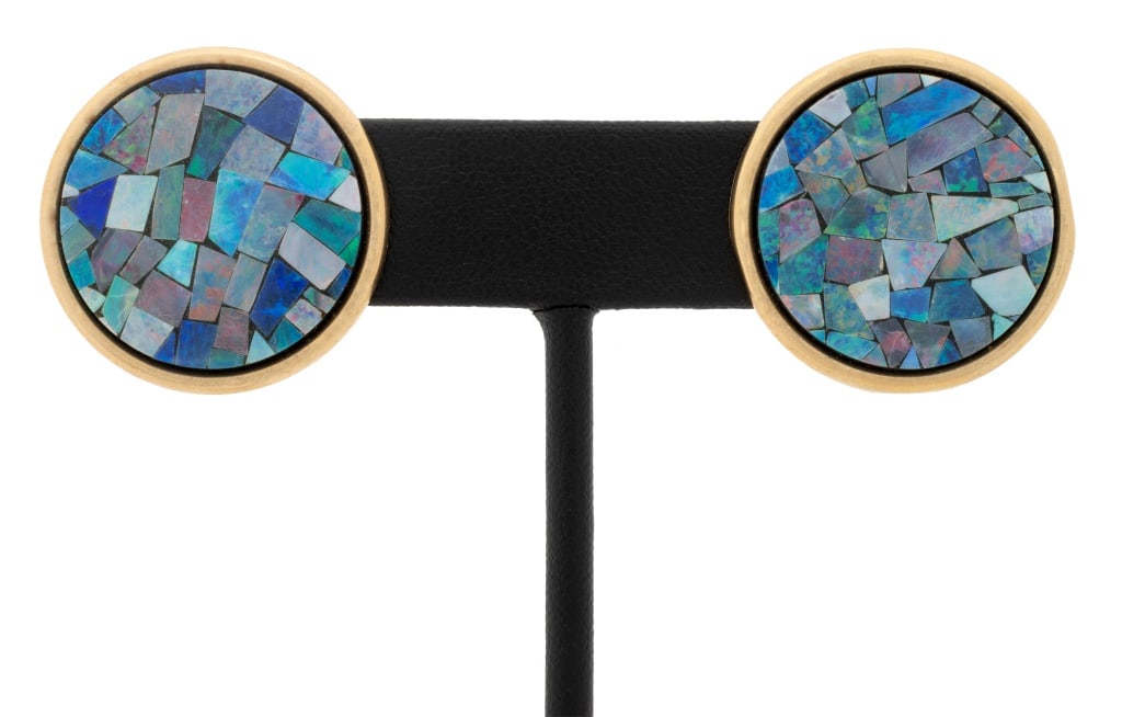 Opal Mosaic and 14K Yellow Gold Earrings: 14K Yellow Gold and Opal Mosaic Earrings, featuring round opal mosaic doublets epoxy mounted, worn through pierced earlobes with posts and friction backs, marked: "(c) PBD 14K". Measuring approx. 1" x