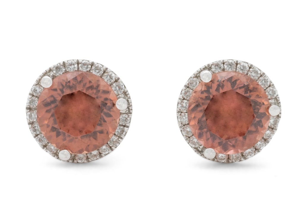 18K White Gold, Spinel, and Diamond Earrings: Pair of 18K White Gold Spinel Diamond Earrings, featuring two prong set round brilliant cut pink spinels weighing a total of approx. 2.10 carats, further decorated with 36 prong set round brilliant cu