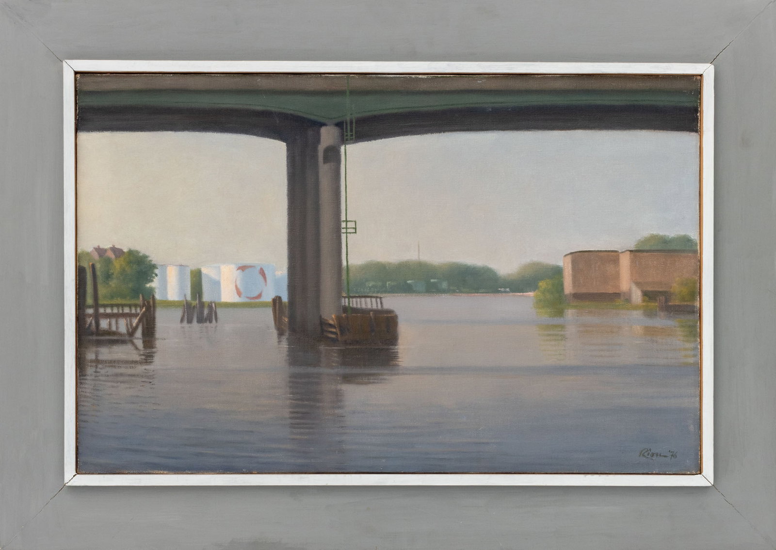 G. Riou "View from Hackensack Yacht Club", 1976: Gilbert Riou (American, XX), "View from the Hackensack Yacht Club", Oil on Canvas, 1976, signed and dated lower right, signed, dated, and titled verso, gray painted wood frame. Image: 18" H x 28.25" W