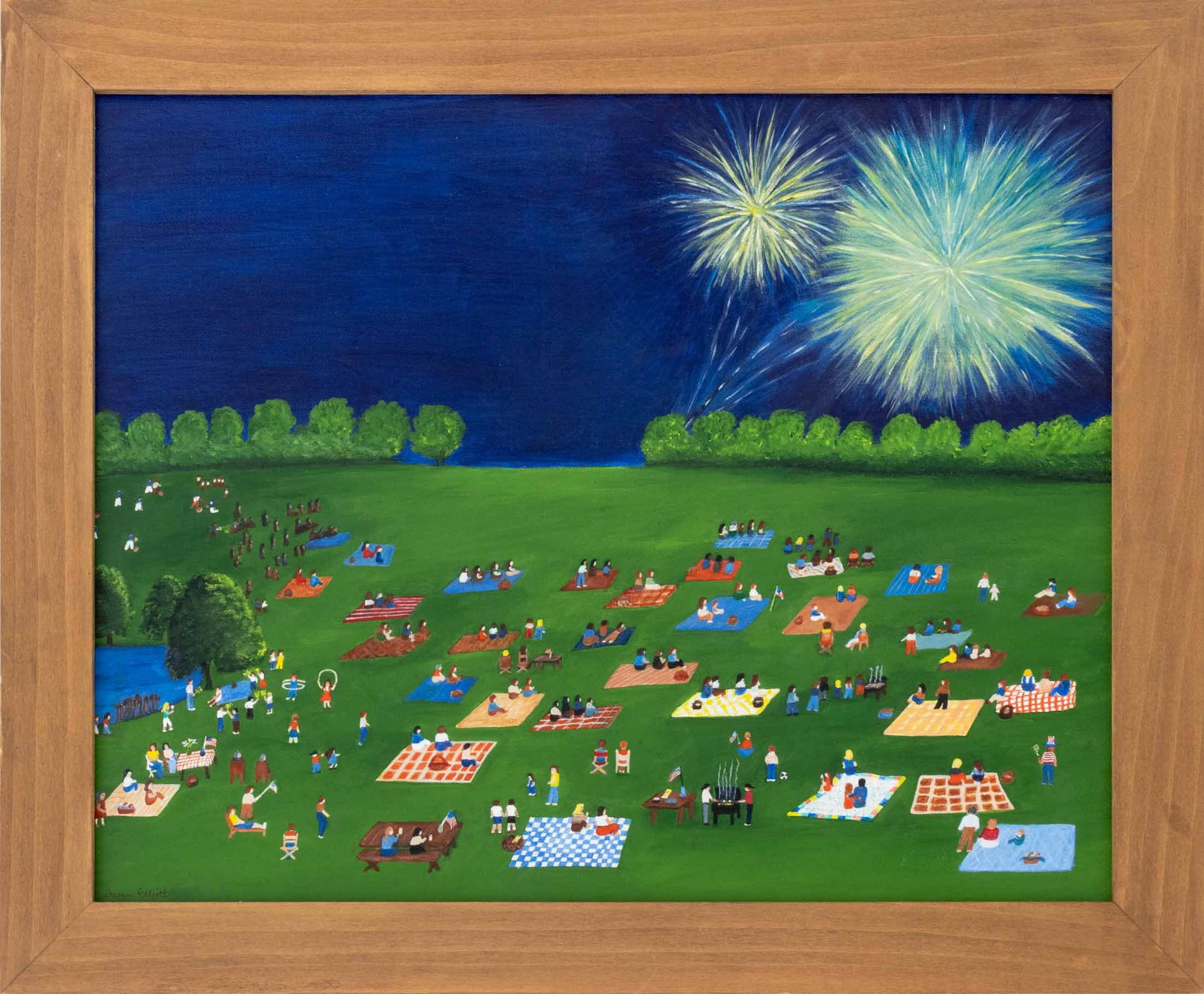 Susan Elliott Fireworks on the 4th of July Acrylic: Susan Elliott (American, XX-XXI), Watching the Fireworks on the Fourth of July, Acrylic on Canvas Panel, signed lower left, wood frame. Image: 15.5" H x 19.5" W; frame: 19.25" H x 23.25" W x 0.75" D. 