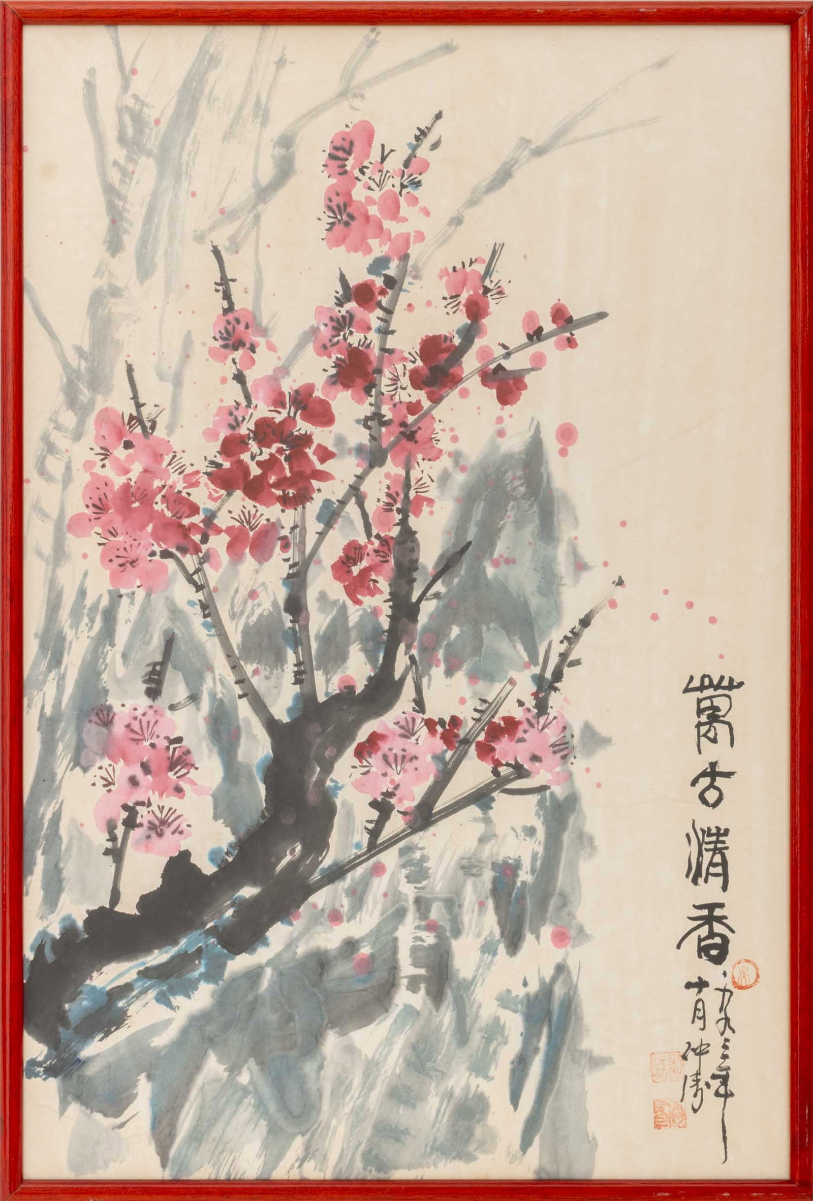 Ding Yong Nian Cherry Blossoms Gouache: Ding Yong Nian (Chinese, XX), Cherry Blossoms, Gouache on Laid Paper, red chop seal marks and character marks lower right, red painted wood frame. Image: 26.75" H x 17.75" W; frame: 28" H x 19" W x 1"